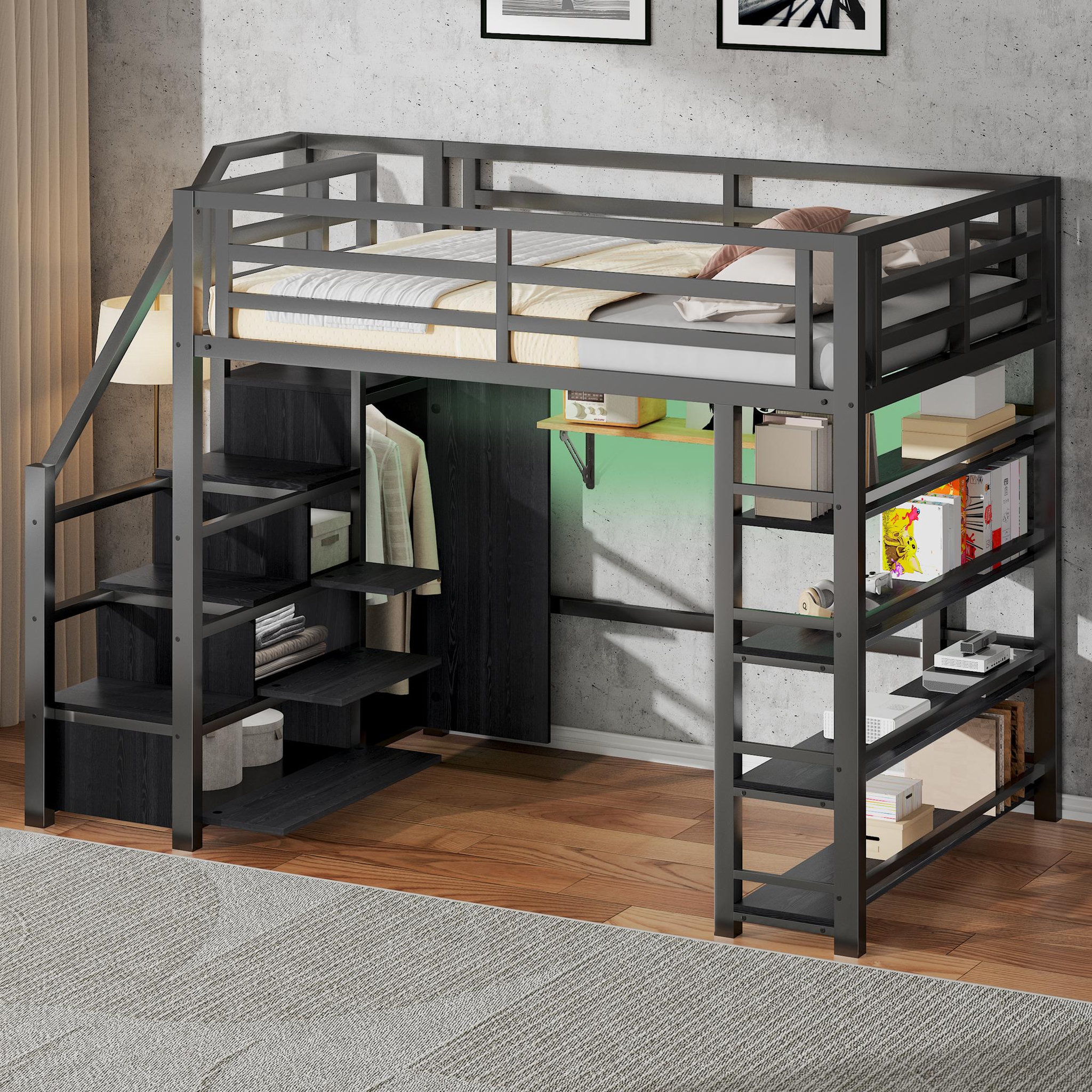 Voir la diapositive 5 : MERAX Lit mezzanine 140x200 cm coloris noir led métal