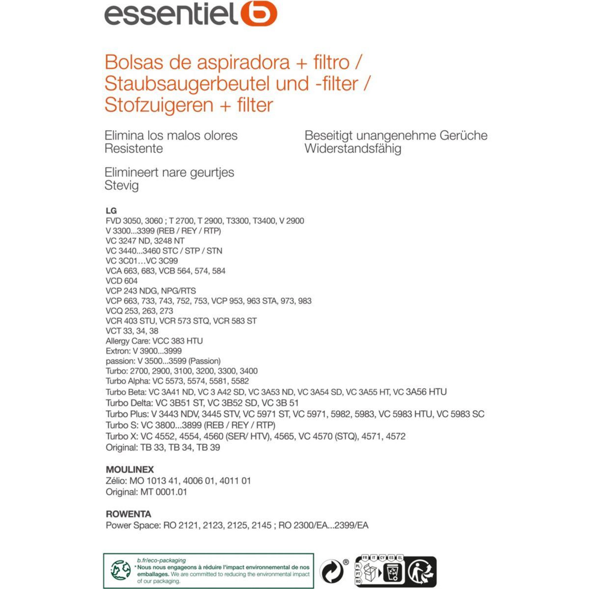 Voir la diapositive 2 : ESSENTIEL B Sac aspirateur eb2705