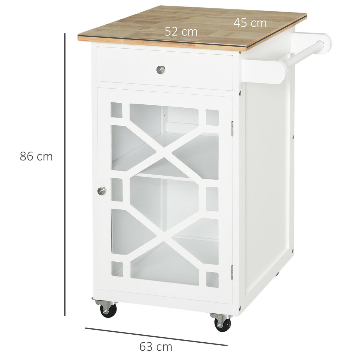 HOMCOM Desserte de cuisine à roulettes - tiroir, placard, porte-serviette - MDF blanc plateau bois hévéa