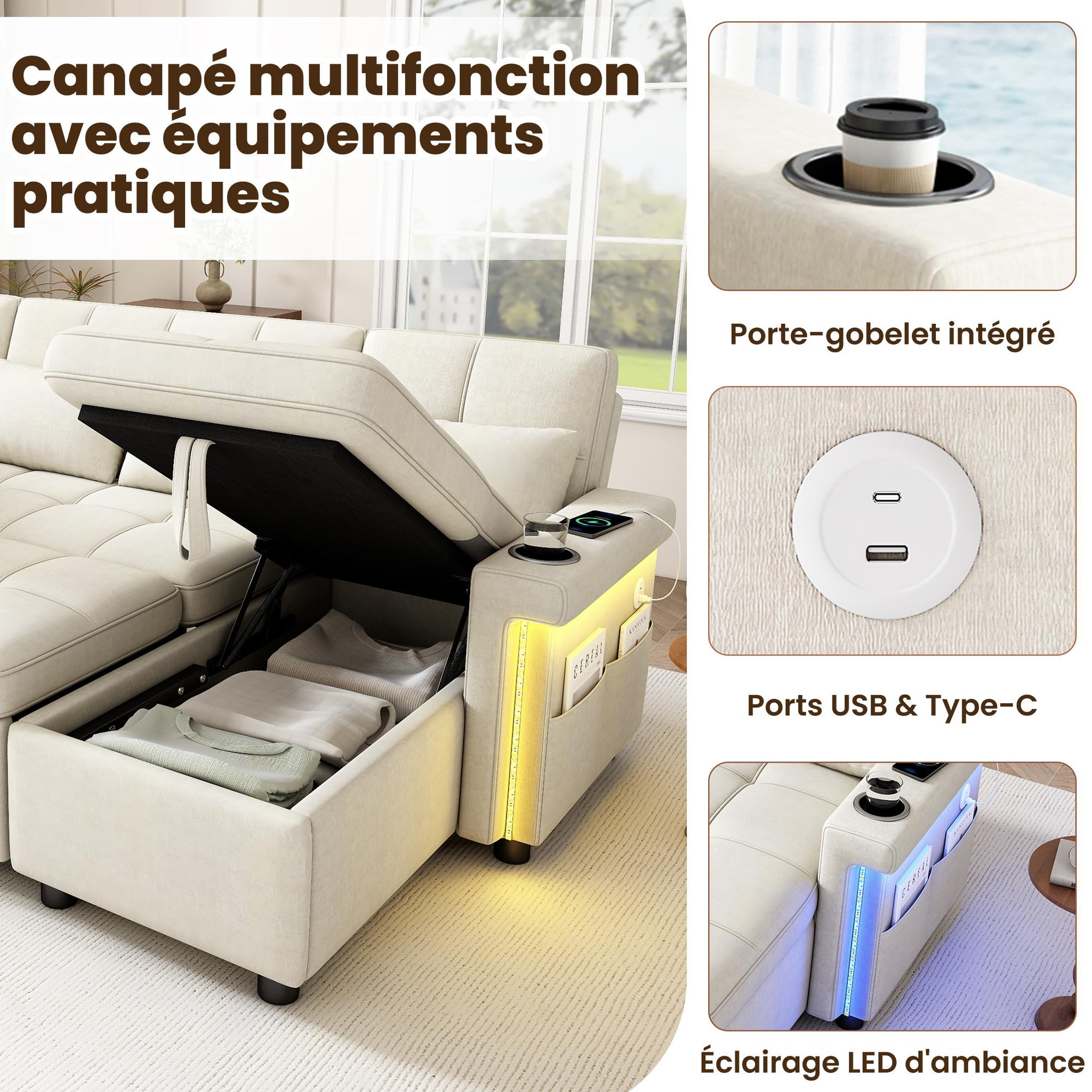 Voir la diapositive 6 : MERAX Canapé d'angle u convertible 4 places avec dossier réglable led usb type-c tissu chenille