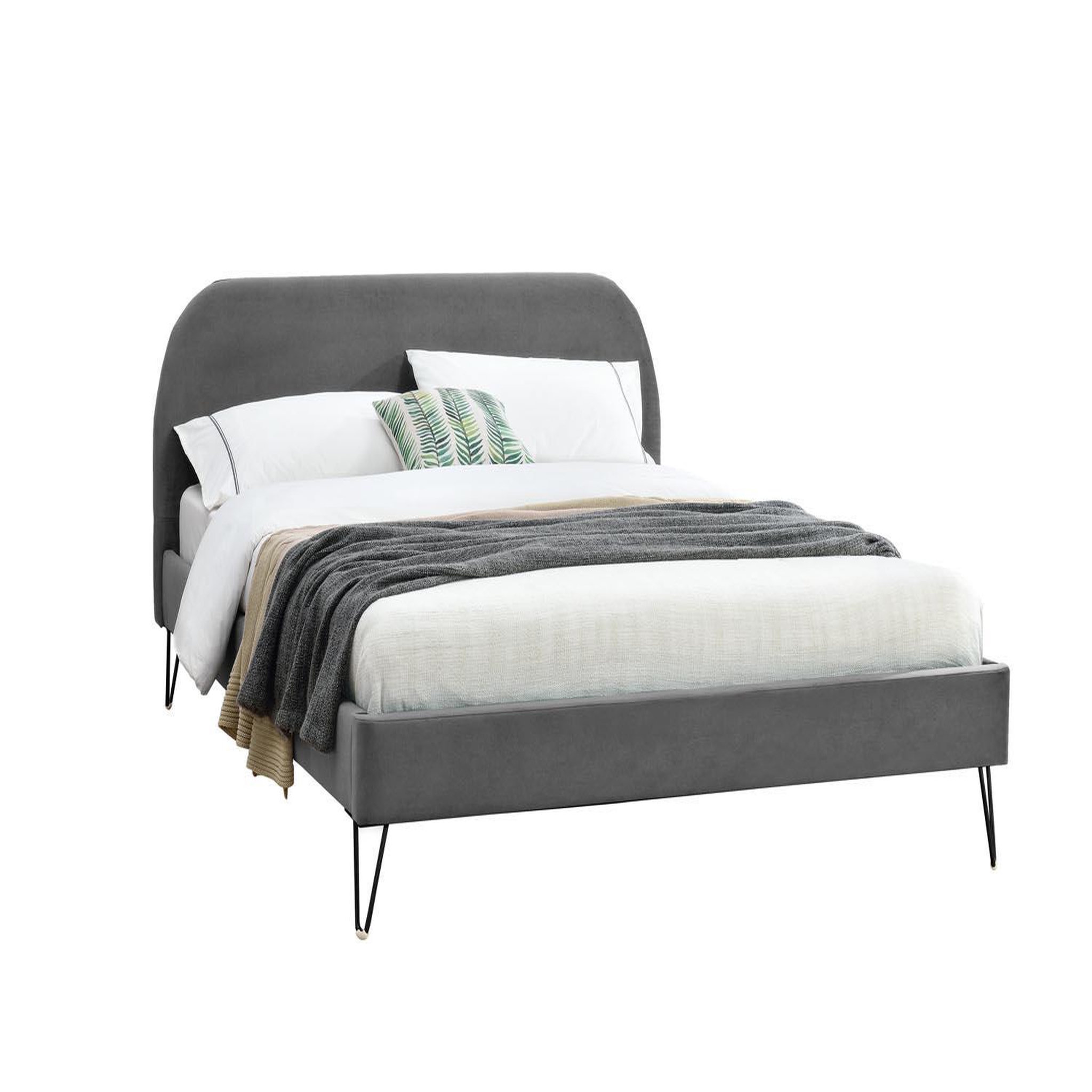 CONCEPT USINE Lit 160 x 200 cm en velours gris et pieds noirs phoenix