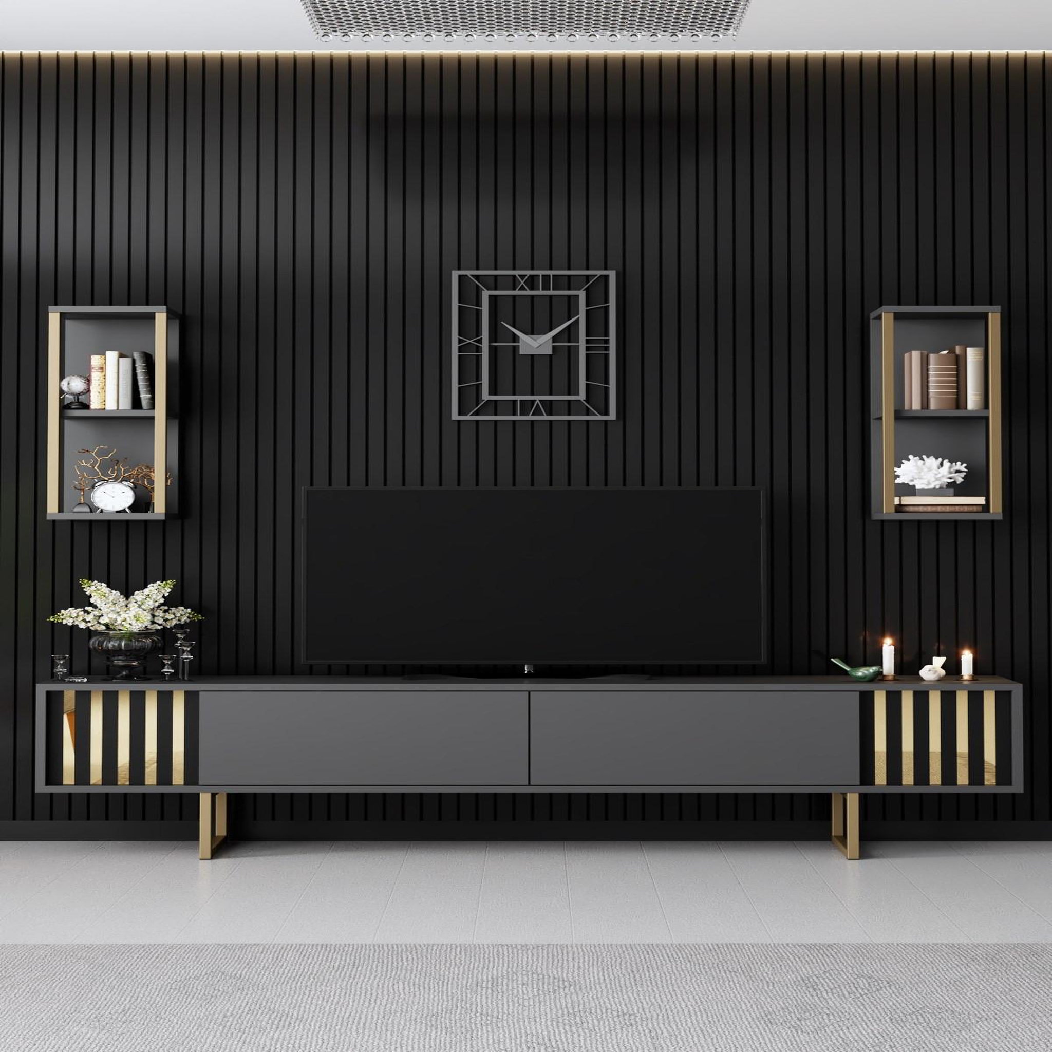 Voir la diapositive 3 : Habitat et Jardin Meuble tv en bois  gold line  - 180 x 30 x 48 cm - anthracitenoir
