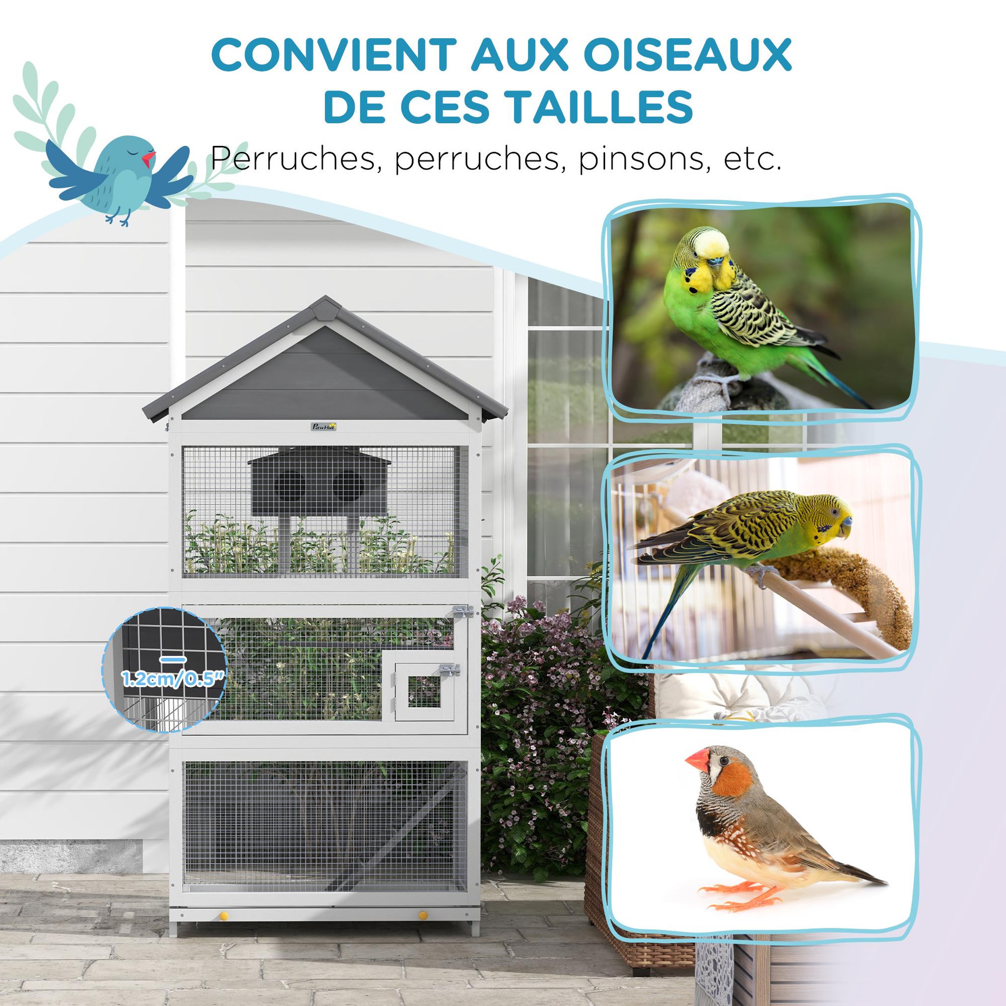 Voir la diapositive 6 : PAWHUT Volière grande cage à oiseaux en bois - 3 portes, toit bitumé double pente, échelle, perchoirs, nichoir, plateau - gris
