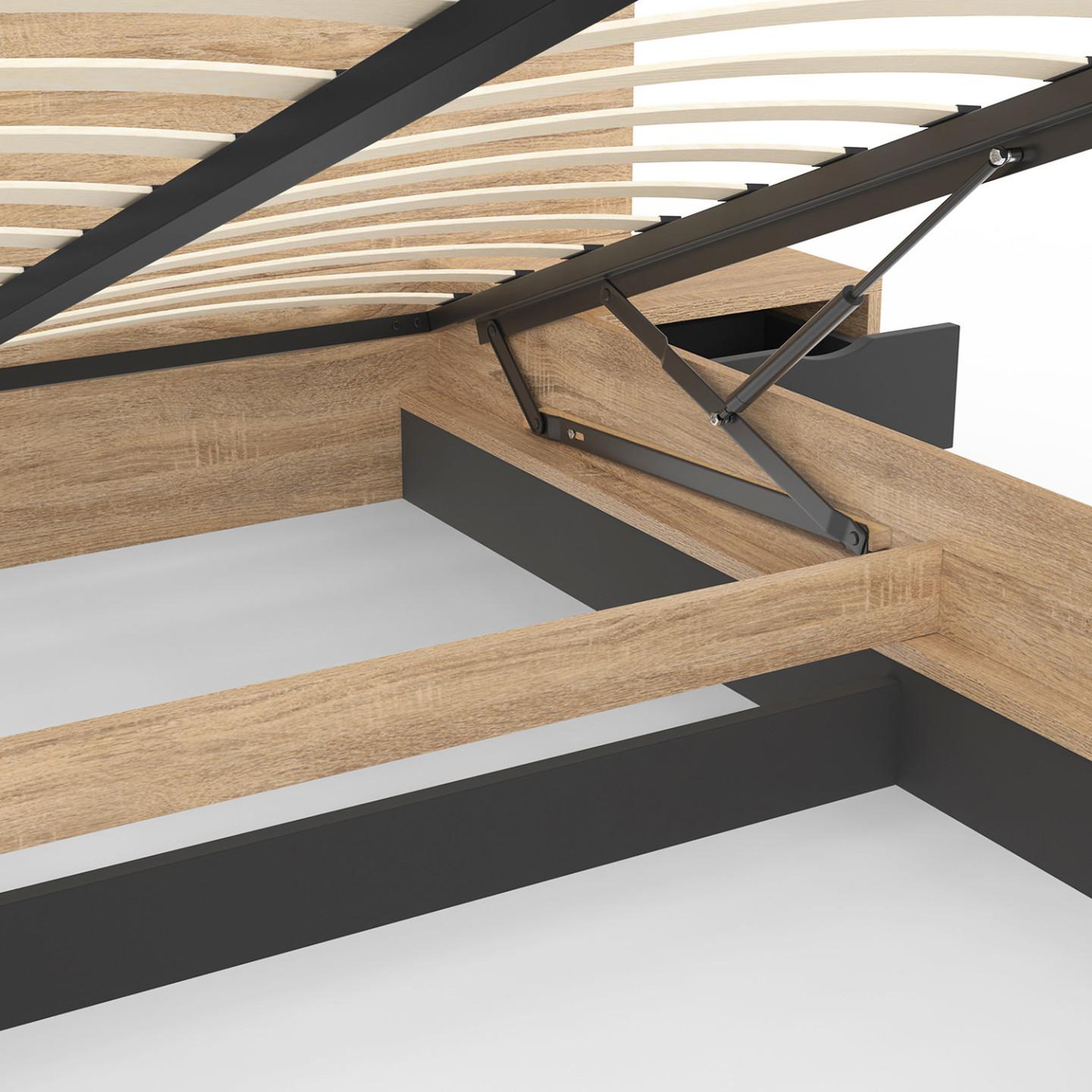Voir la diapositive 6 : ID MARKET Lit coffre double santa avec tête de lit + tables de chevets intégrées et sommier 140 x 190 cm bois et noir