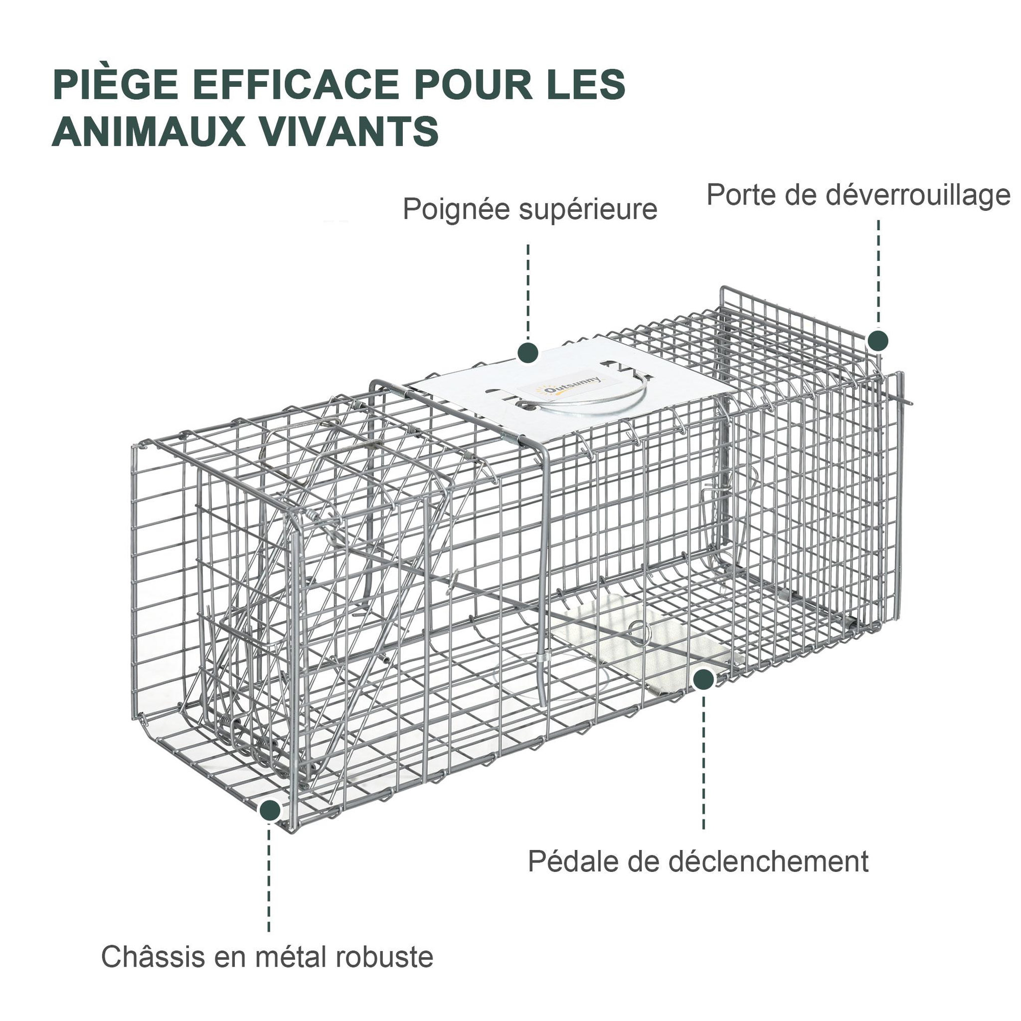 Voir la diapositive 5 : OUTSUNNY Piège de capture pliable pour petits animaux type lapin rat - 2 portes, poignée - dim. 66L x 24l x 30H cm - acier
