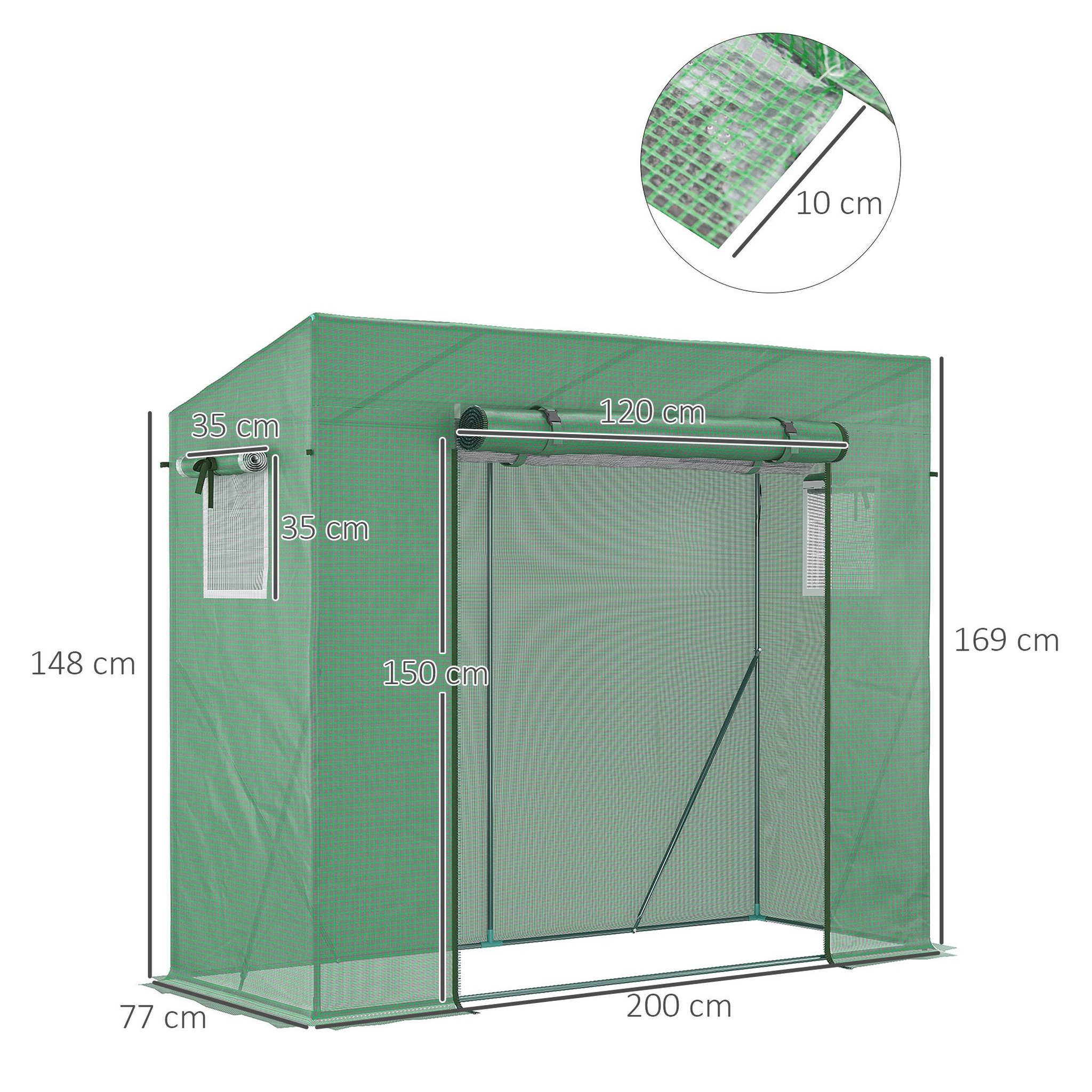 Voir la diapositive 3 : OUTSUNNY Serre de jardin balcon 1,54 m² - porte zippée enroulable, 2 fenêtres moustiquaires - acier pe haute densité anti-uv vert