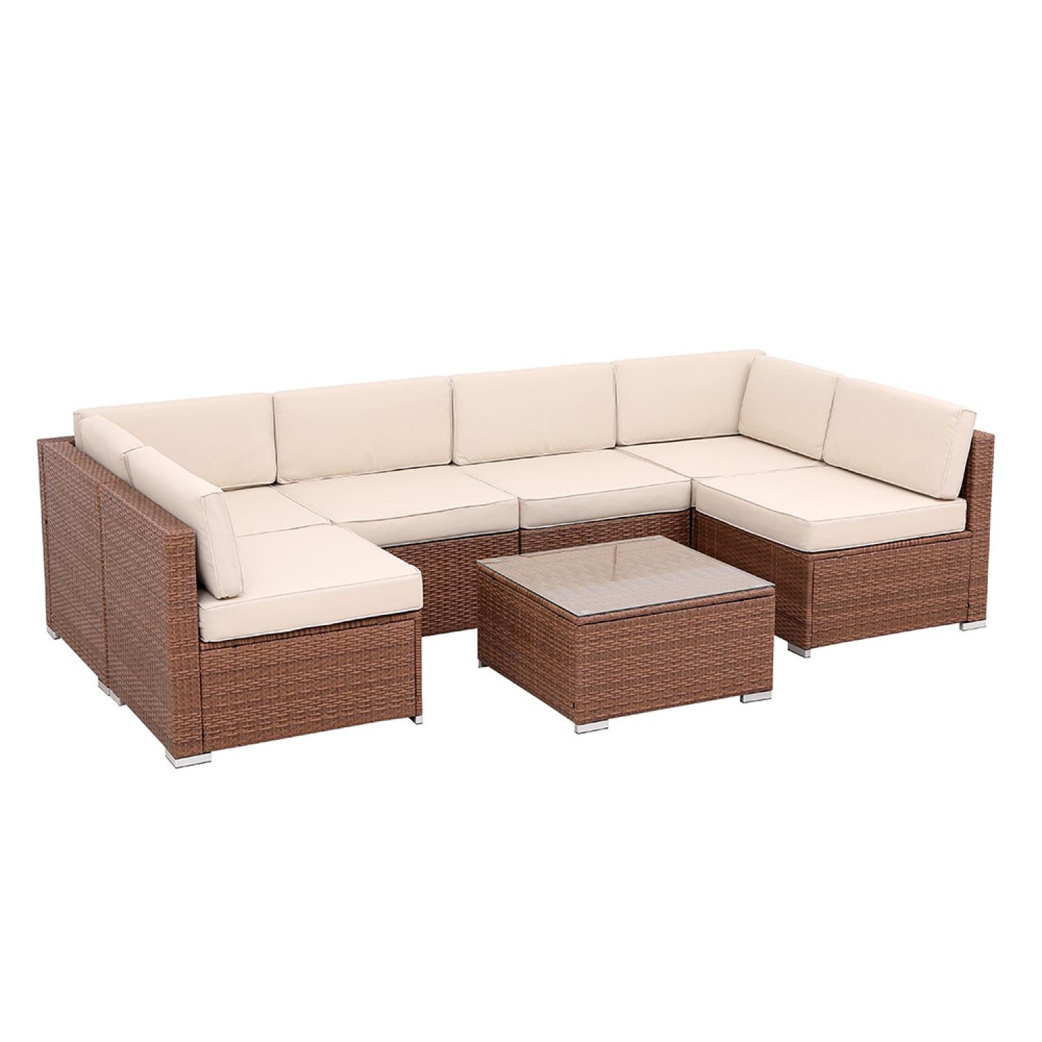 CONCEPT USINE Salon de jardin 6 places modulable en résine tressée marron et beige qamea