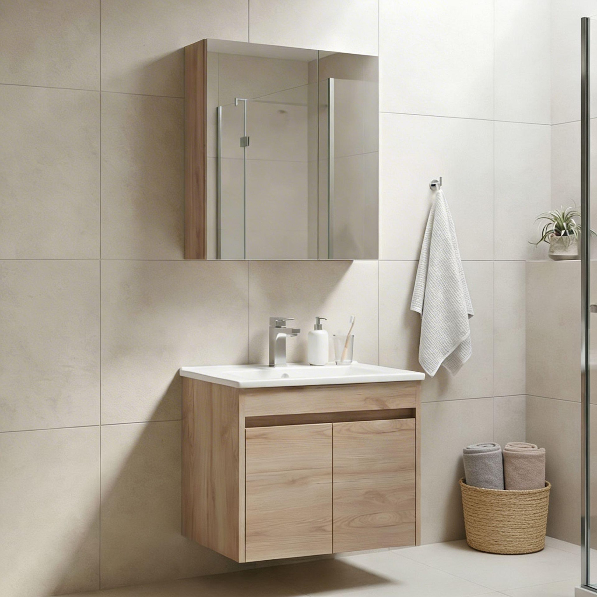 Voir la diapositive 2 : Habitat et Jardin Meuble avec simple vasque et miroir  Side 65 v2  - 65 x 45 x 52 cm - Oak