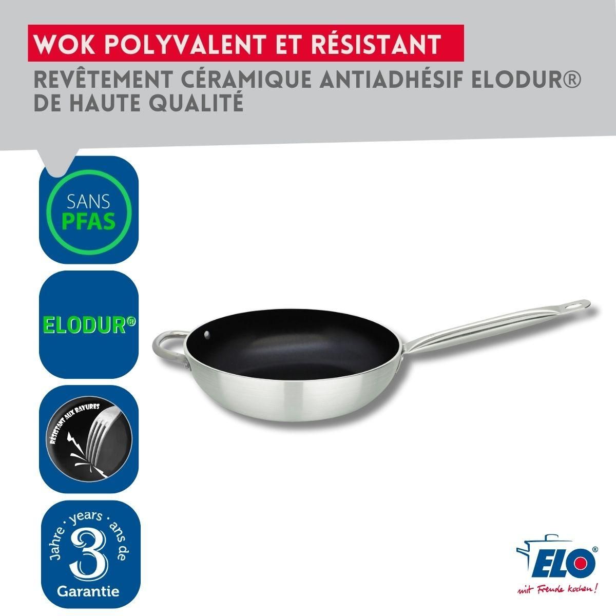 ELO Poêle wok 28 cm avec revêtement céramique sans PFAS et son couvercle Elo