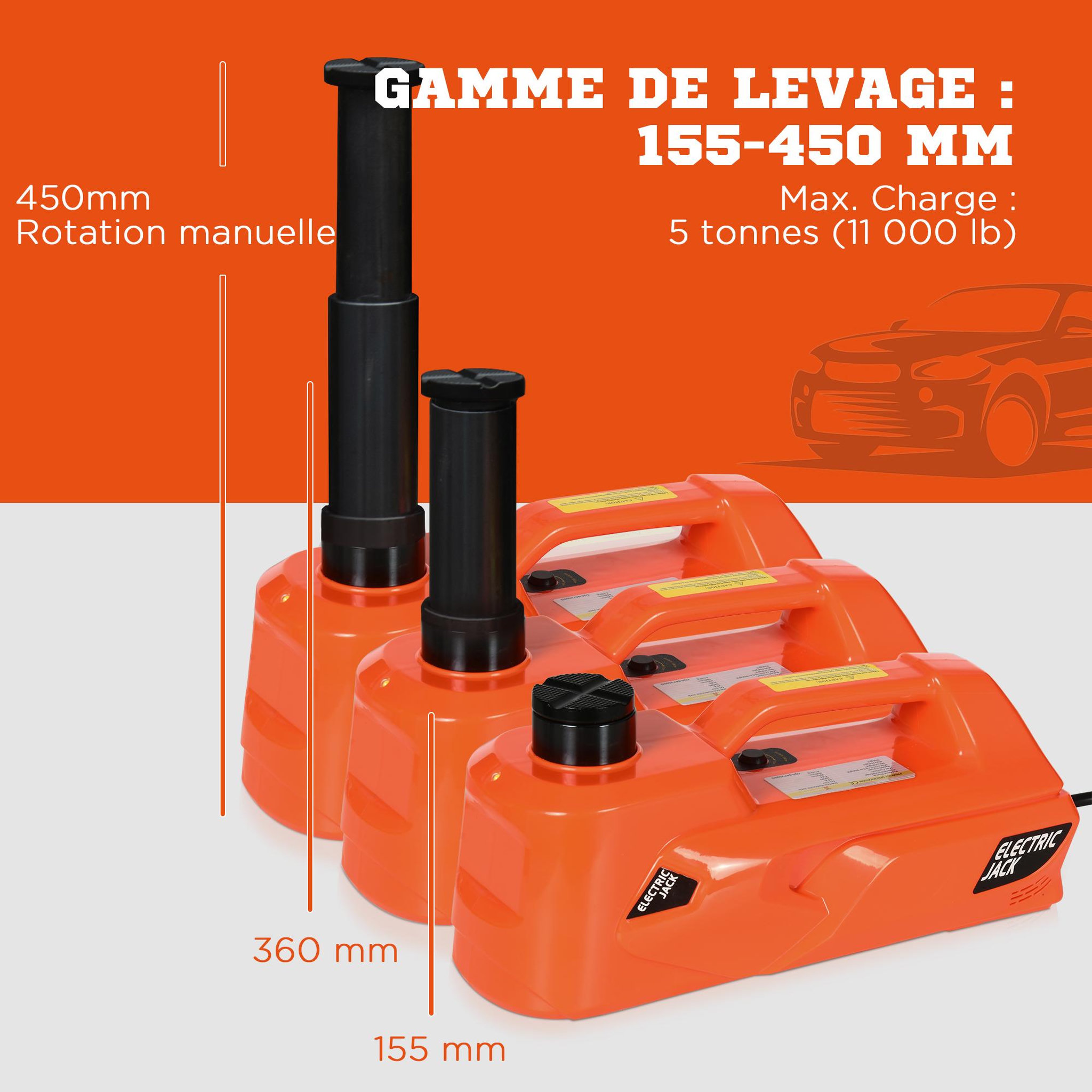 Voir la diapositive 4 : HOMCOM Cric électrique 5 t 12 V - cric hydraulique électrique - cric de levage voiture - clé à chocs, gants, mallette inclus