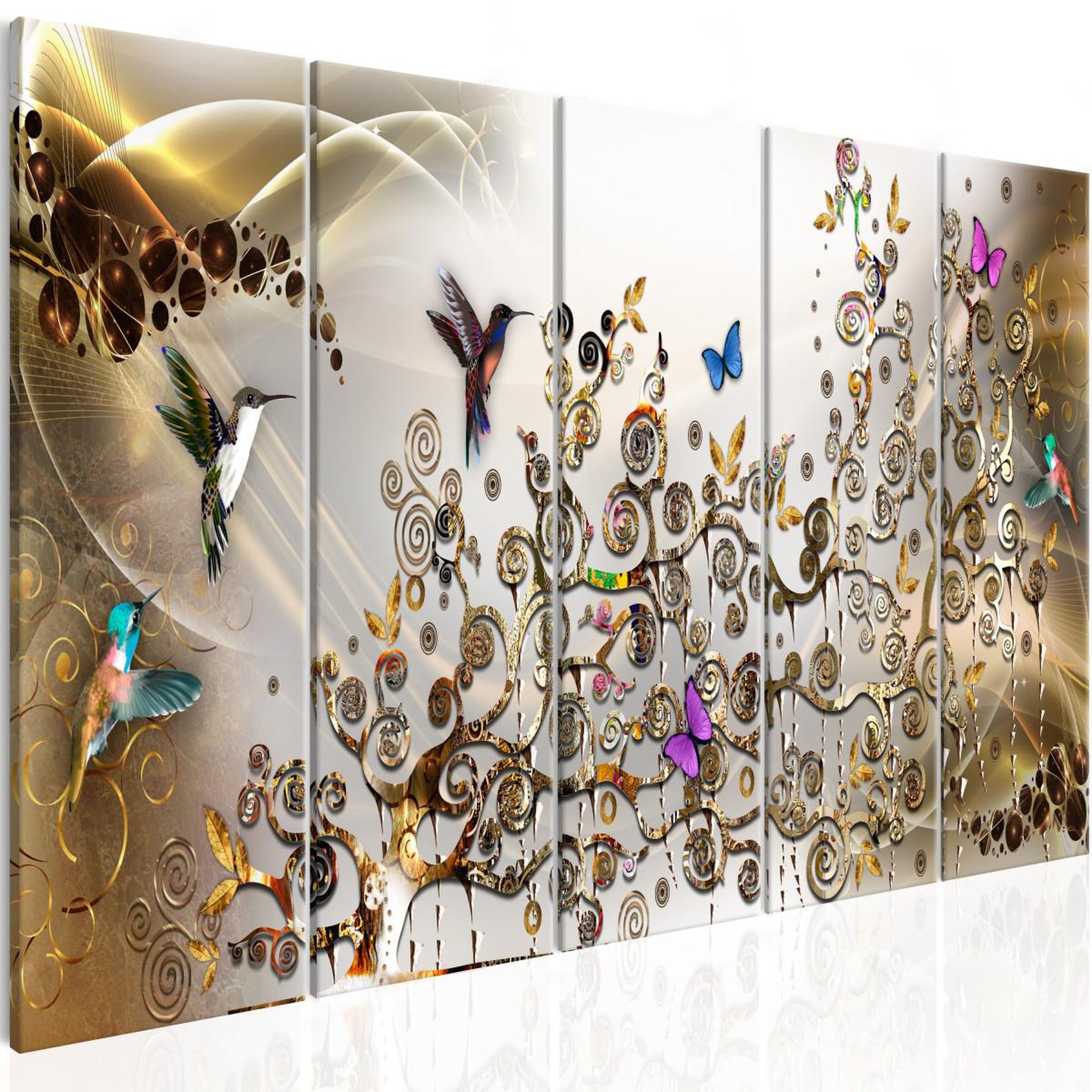 Voir la diapositive 1 : Paris Prix Tableau 5 panneaux  hummingbirds dance gold narrow