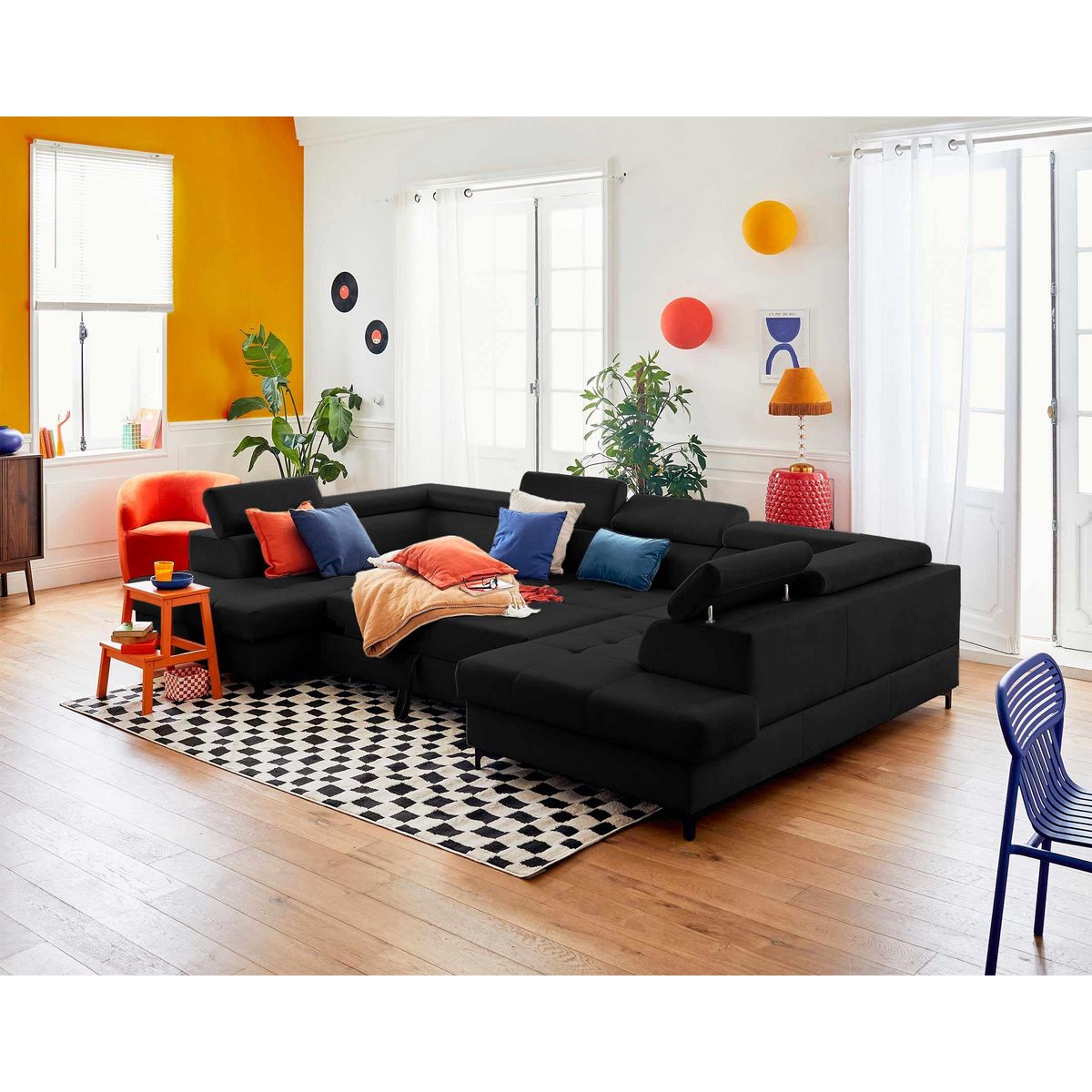 LISA DESIGN Merida - canapé panoramique en u - 7 places - convertible avec coffres et têtières réglables - en velours