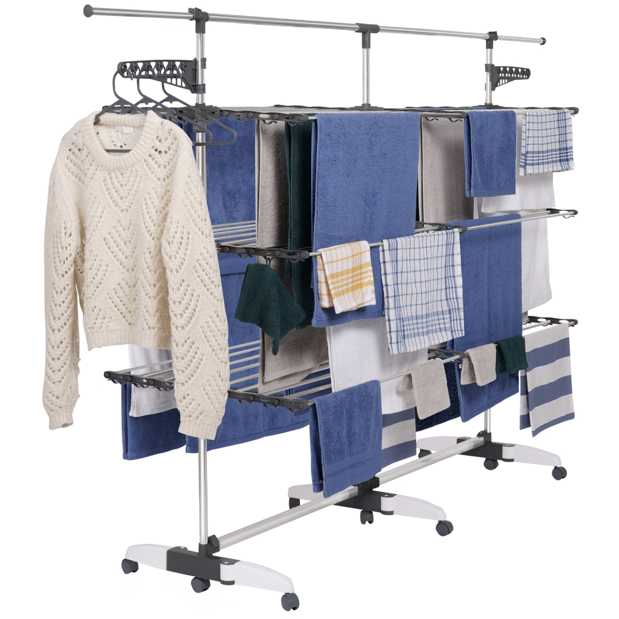 ID MARKET Séchoir à linge vertical pliable 3 niveaux supra capacité 50m avec tringle télescopique blanc et gris