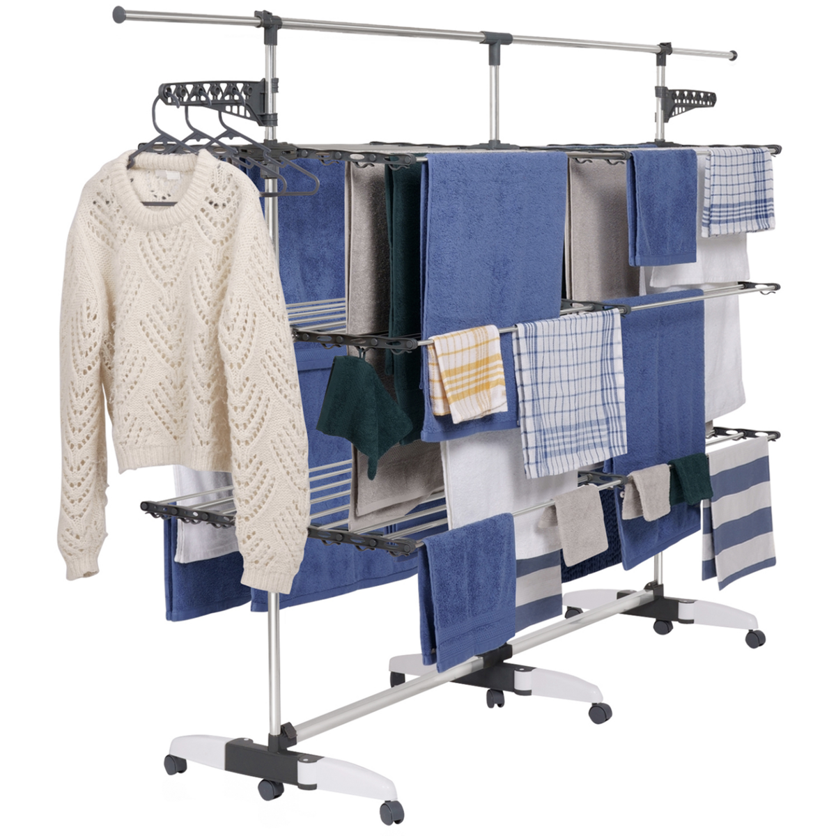 ID MARKET Séchoir à linge vertical pliable 3 niveaux SUPRA capacité 50M avec tringle télescopique blanc et gris