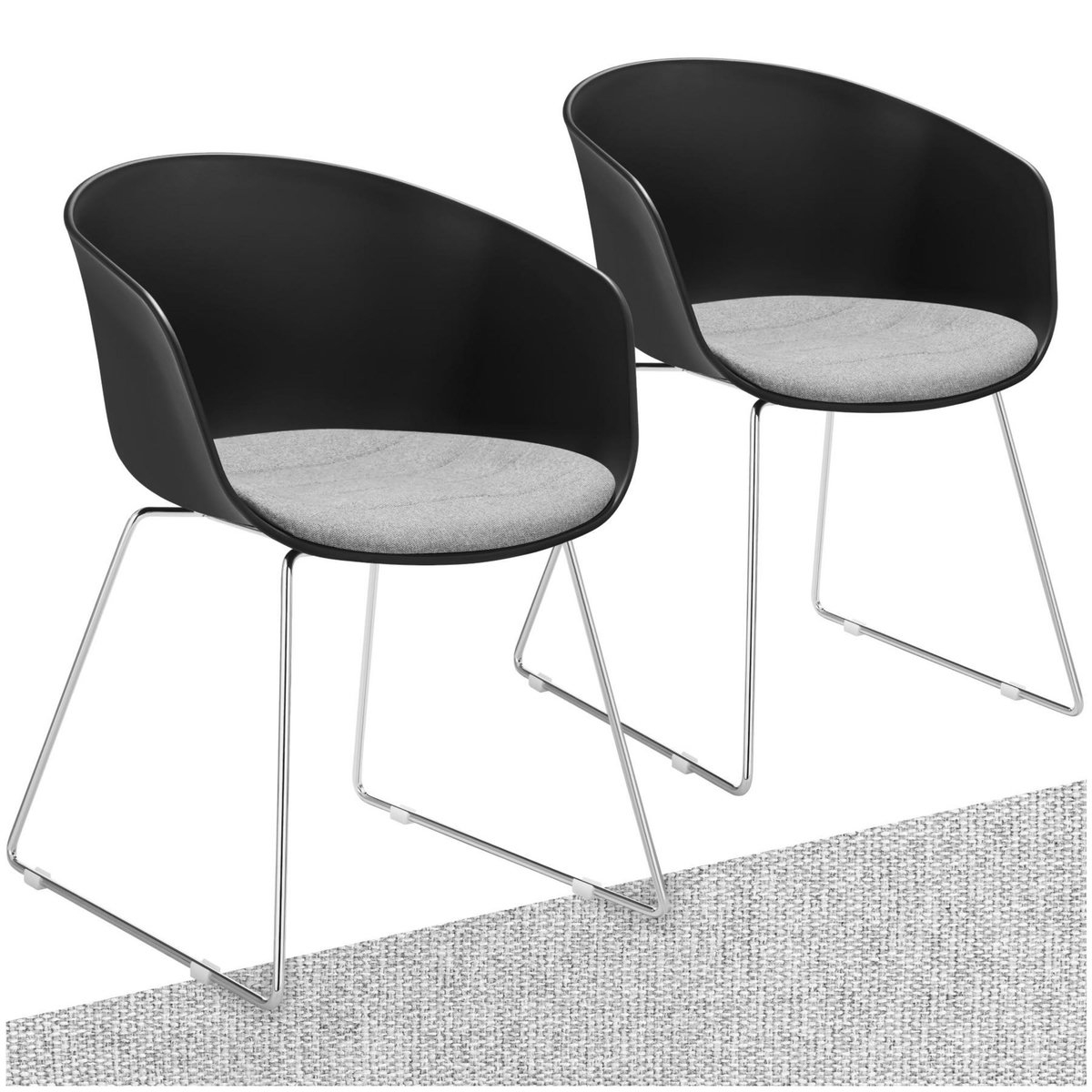 tectake Chaises avec accoudoirs en plastique assise en plastique rembourrée noir/gris chrome Lot de 2