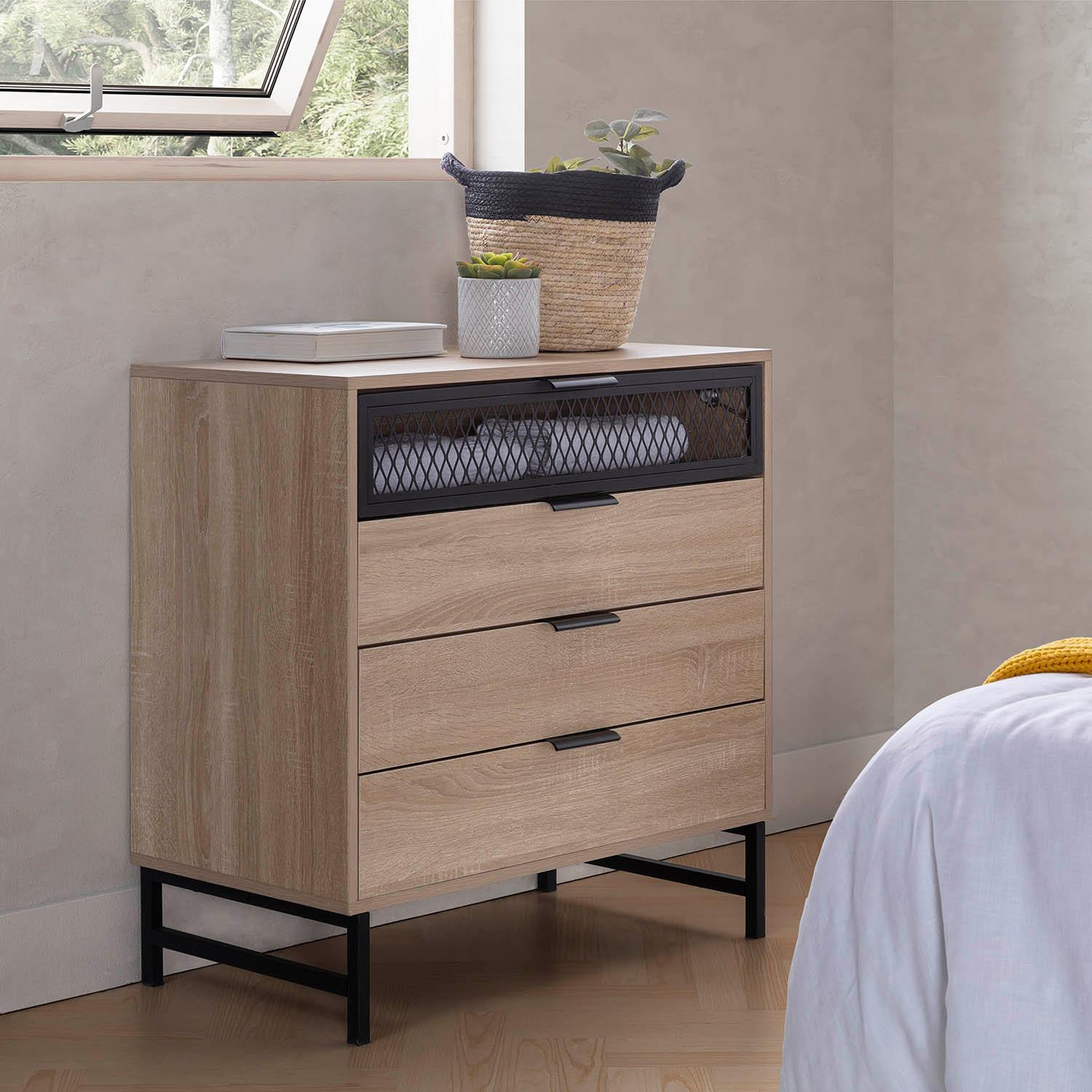 Voir la diapositive 2 : VS VENTA-STOCK Commode de nuit Hera 3 tiroirs 1 porte coloris bois