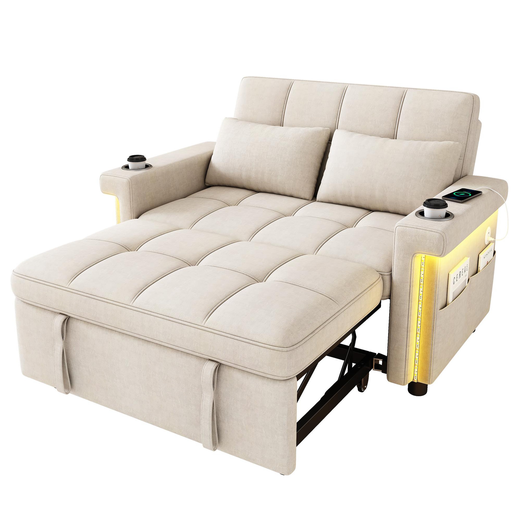 Voir la diapositive 1 : MERAX Canapé convertible 2 places avec dossier réglable et ports usb type-c tissu chenille