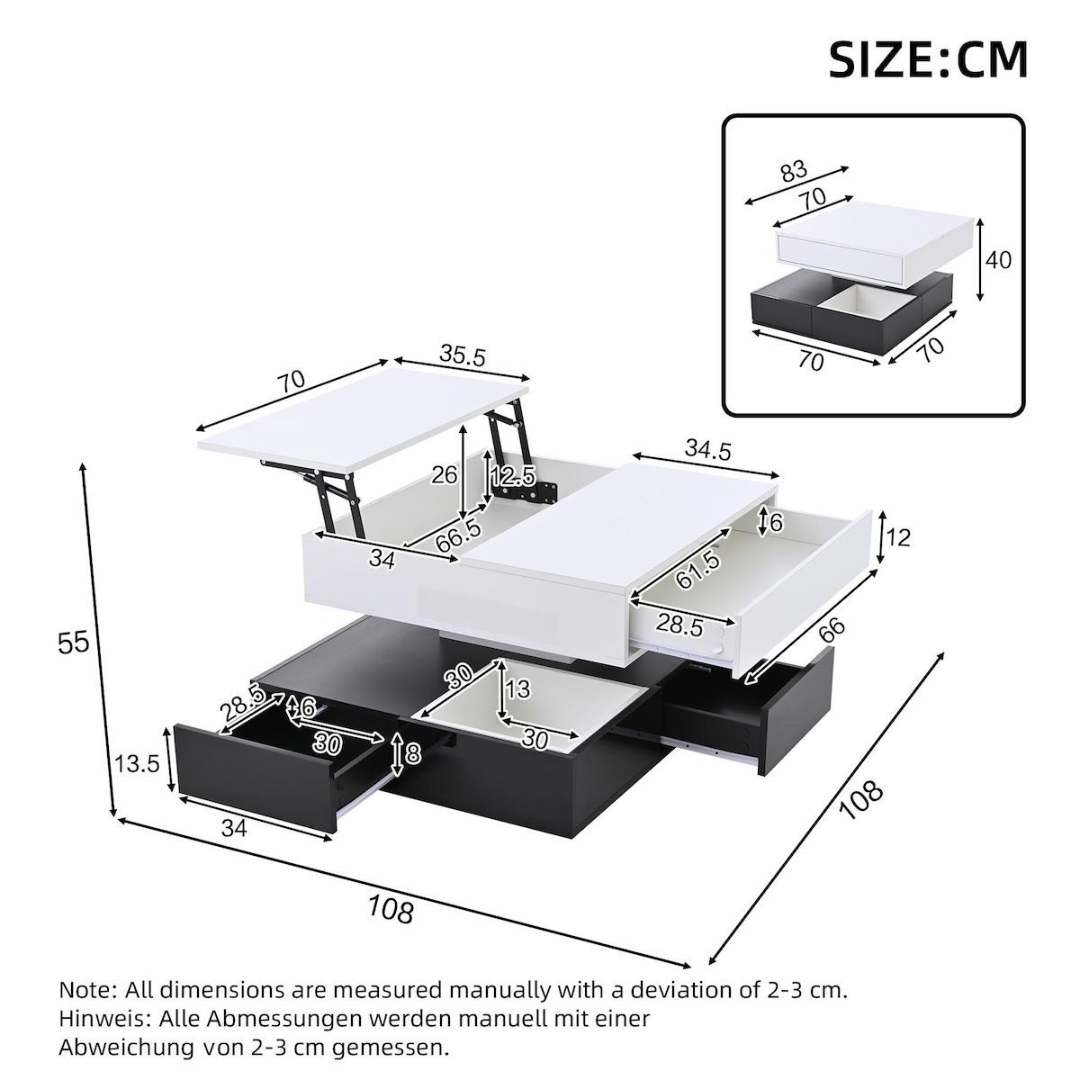 MERAX Table basse relevable pivotante carrée noir+blanc - 70x70 cm panneau de particules