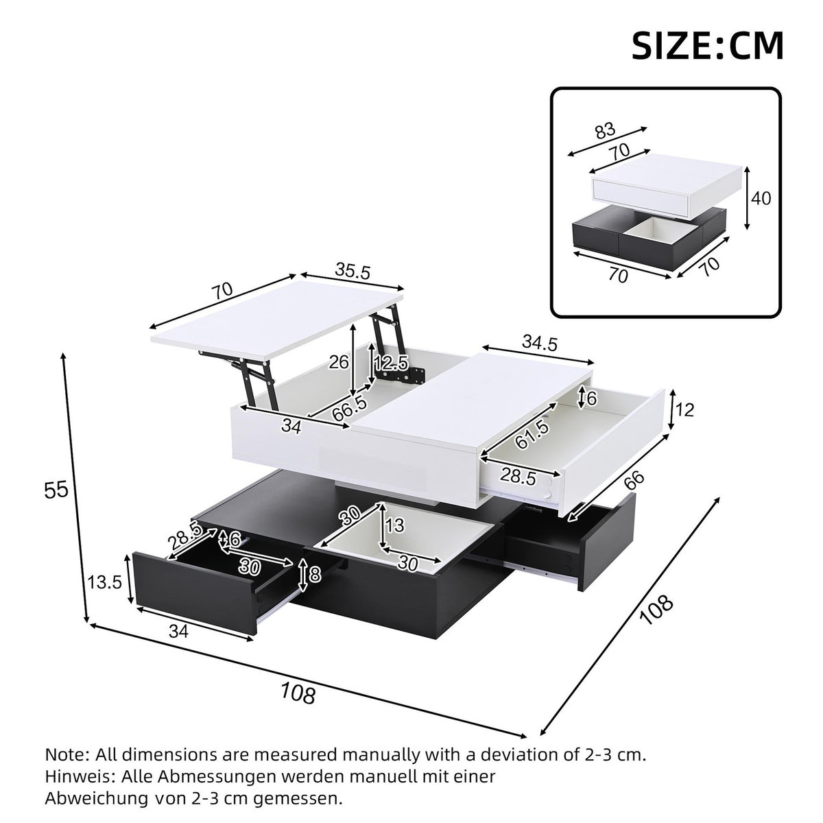 MERAX Table basse relevable pivotante carrée noir+blanc - 70x70 cm panneau de particules