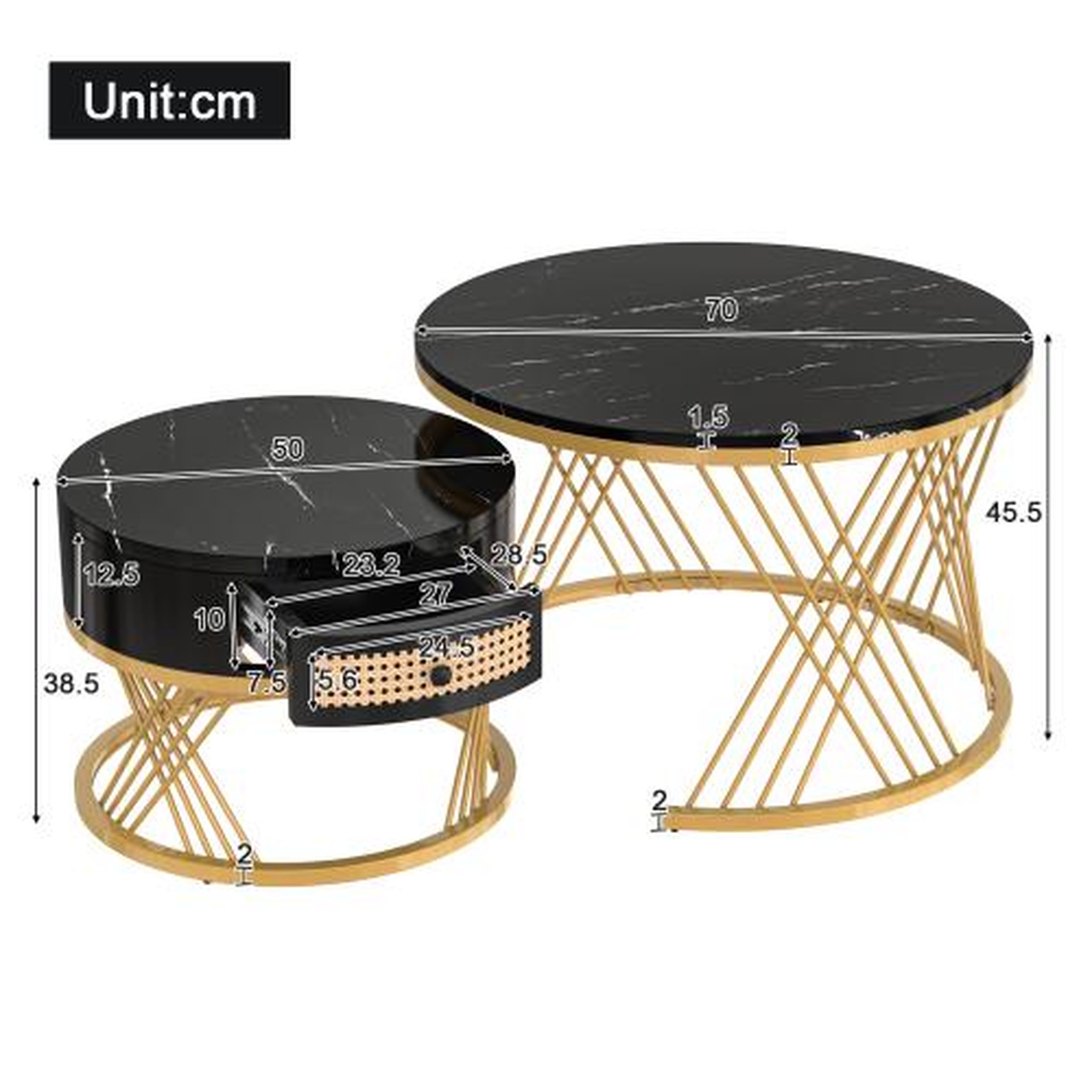 Voir la diapositive 4 : MERAX Lot De 2 Table Basse Gigognes Ronde Noir