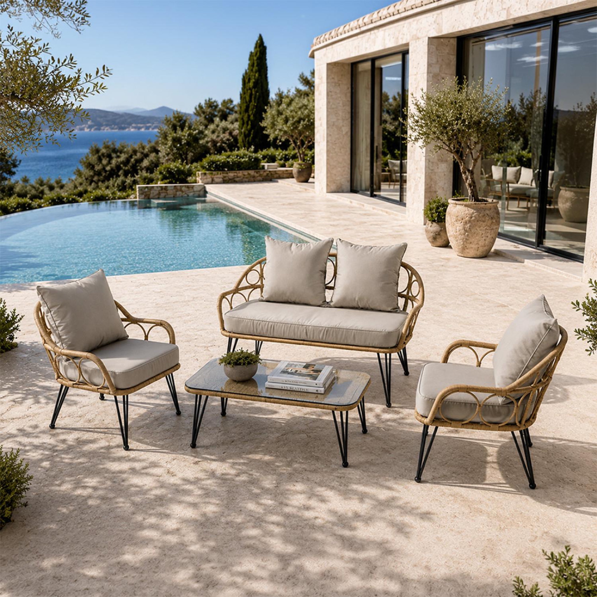 Voir la diapositive 5 : CONCEPT USINE Salon de jardin 4 places avec table basse effet rotin naturel porto