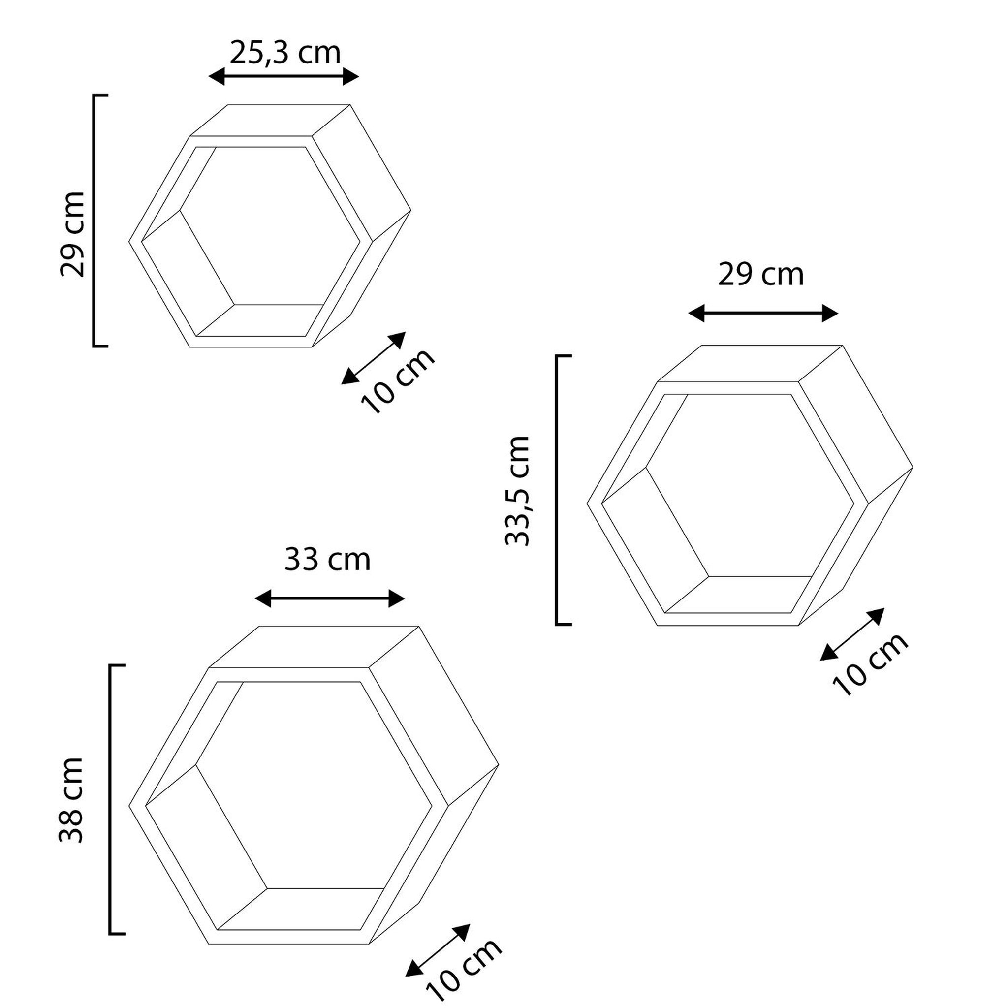 Voir la diapositive 4 : VS VENTA-STOCK Set de 3 Etagères murales Nuno hexagonales blanc, bois de paulownia
