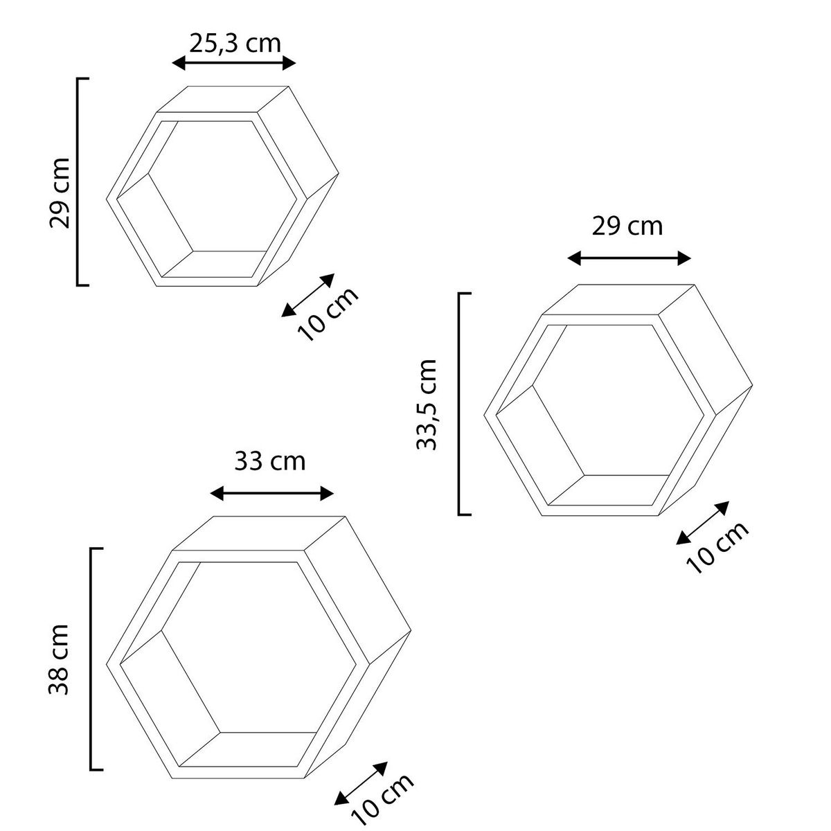 VS VENTA-STOCK Set de 3 Etagères murales Nuno hexagonales blanc, bois de paulownia