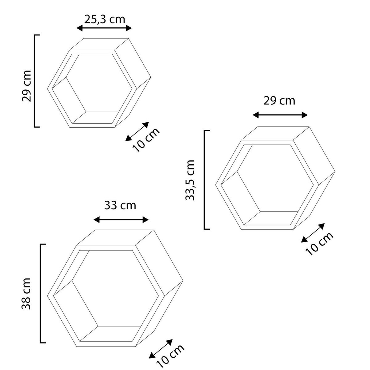 VS VENTA-STOCK Set de 3 Etagères murales Nuno hexagonales blanc, bois de paulownia