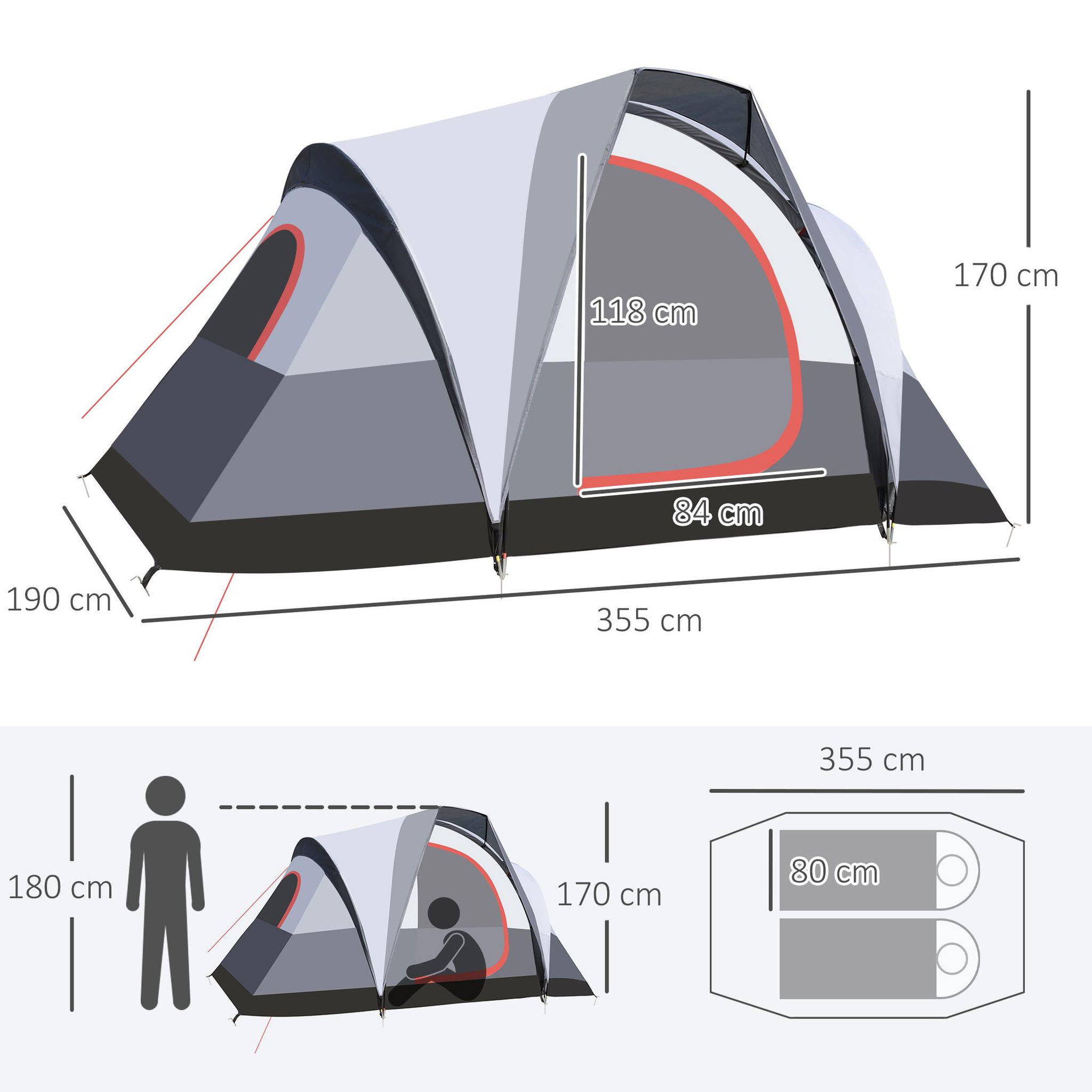 Voir la diapositive 3 : OUTSUNNY Tente de camping 2-3 personnes - fenêtres à mailles double couche - sac de transport - dim. 355L x 190l x 170H cm - polyester gris