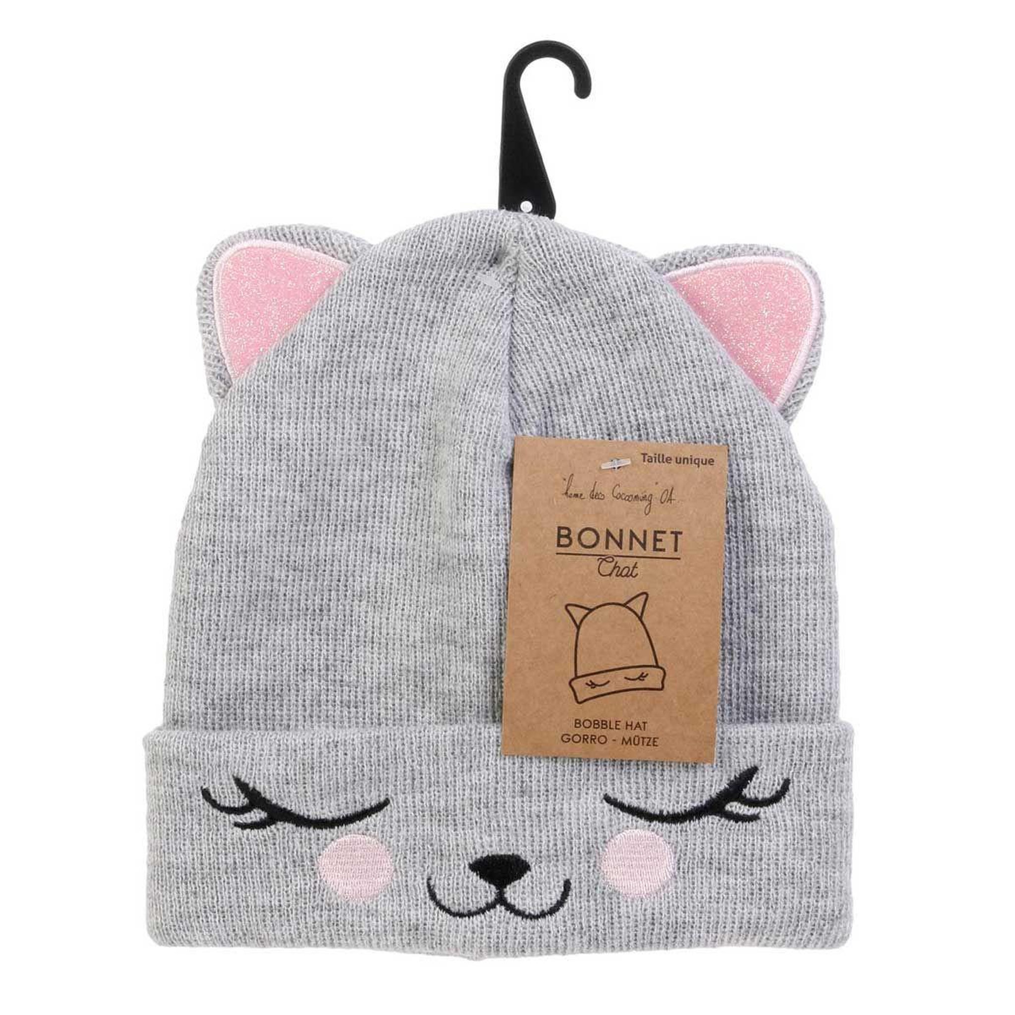 Voir la diapositive 5 : SENSLY Bonnet enfant  chat  21cm gris & rose
