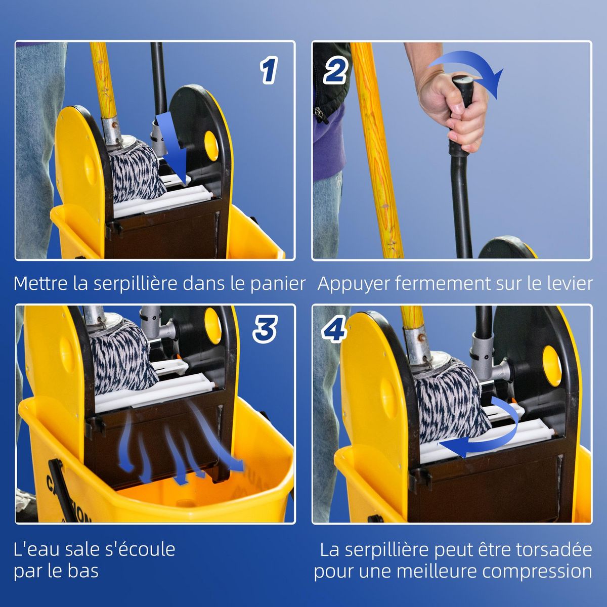 HOMCOM Chariot de nettoyage lavage seau de ménage 26L avec essoreur - 4 roulettes, poignées - métal PP jaune noir