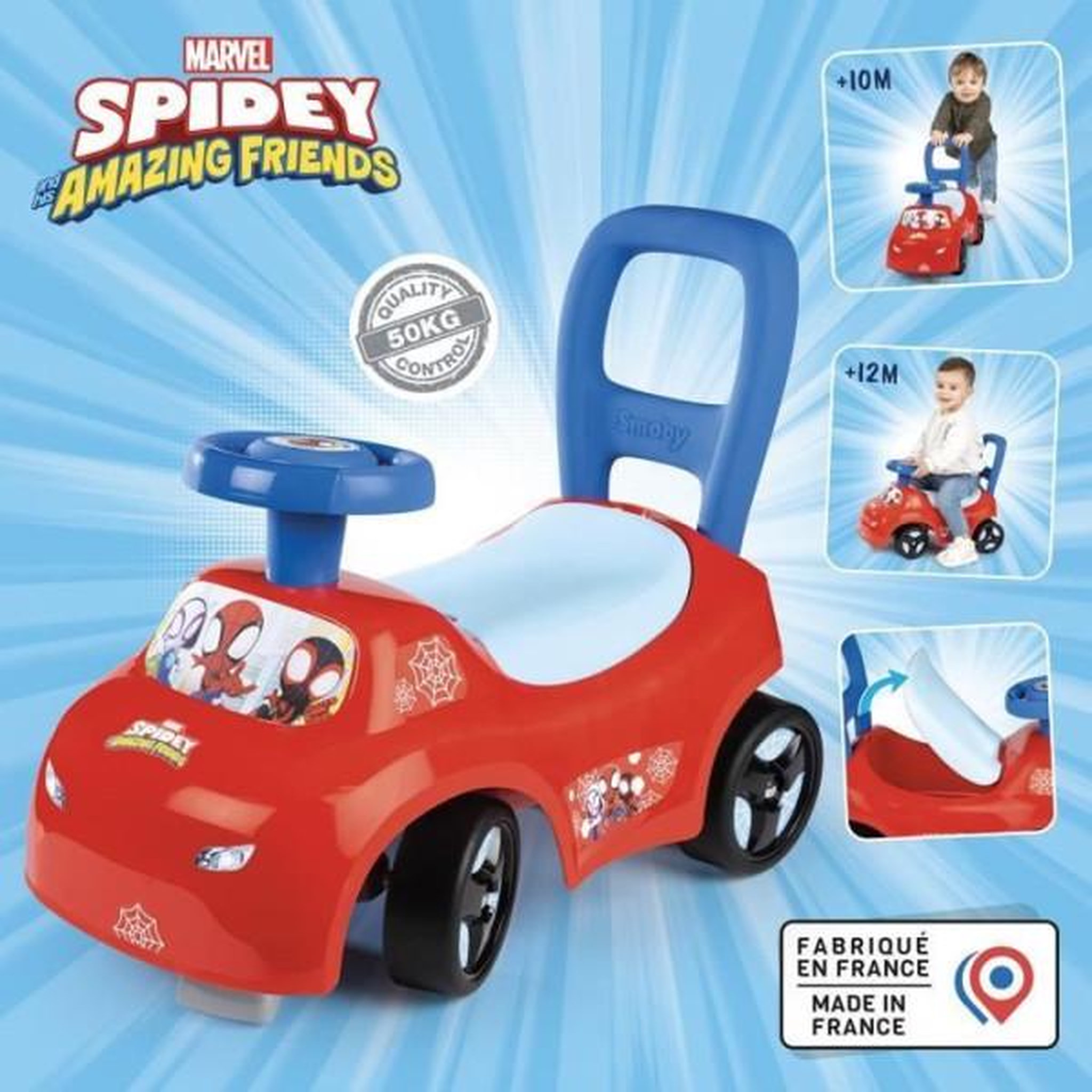 Voir la diapositive 2 : SMOBY Porteur trotteur smoby -  auto enfant 2 en 1 - spidey - coffre sous la selle - des 10 mois - fabrication française