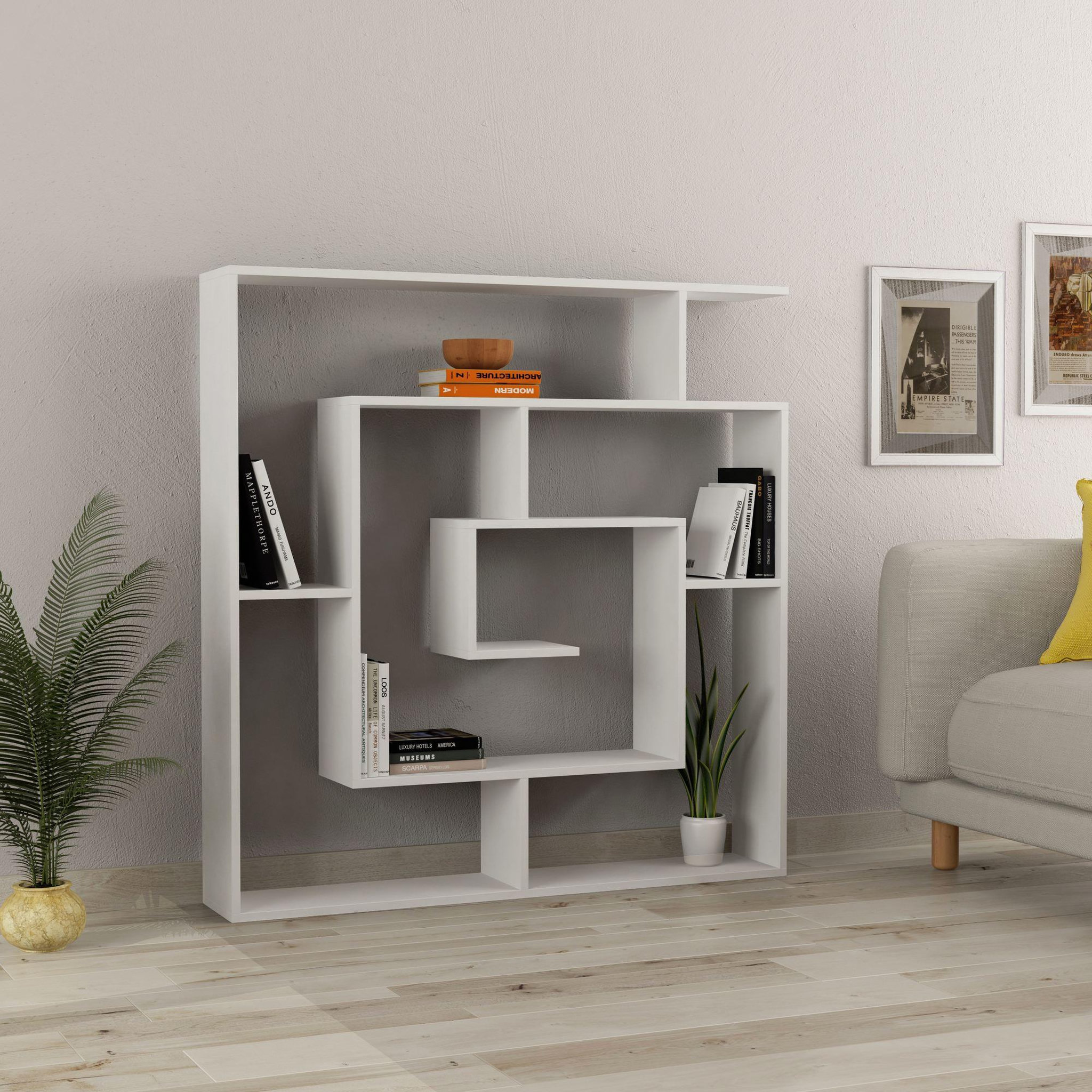 Voir la diapositive 2 : Habitat et Jardin Bibliothèque en bois  labirent  - 125 x 22 x 129 cm - blanc