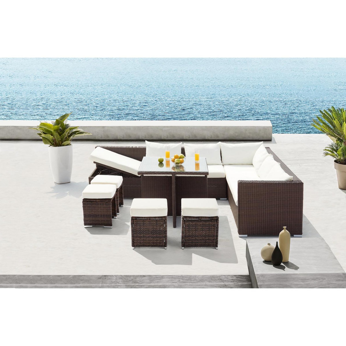 CONCEPT USINE Salon de jardin encastrable 10 places en résine tressée marron SAMOA