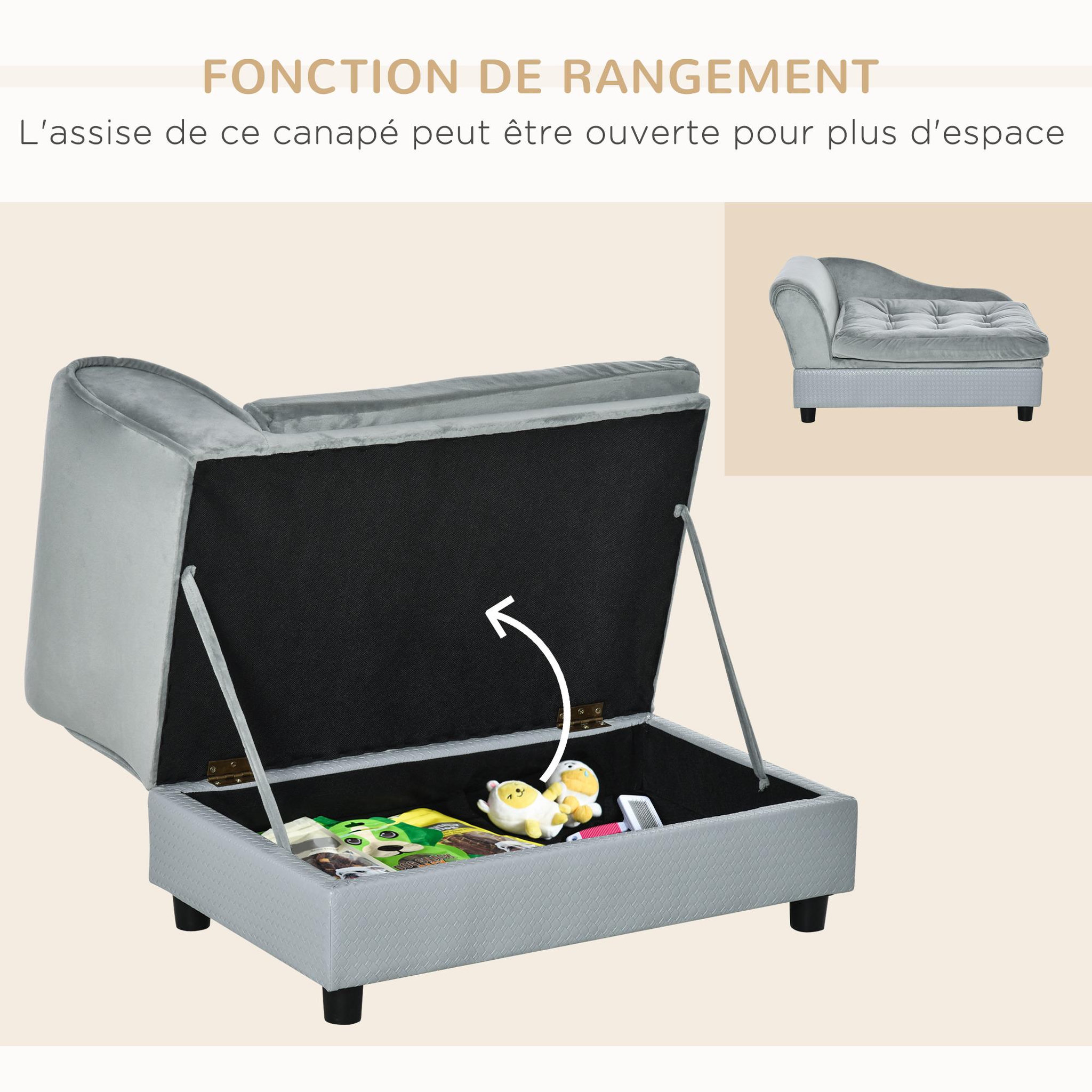Voir la diapositive 6 : PAWHUT Canapé chien chat sur pied avec coffre de rangement style moderne coussin d'assise amovible grand confort 76 x 45 x 41,5 cm bleu