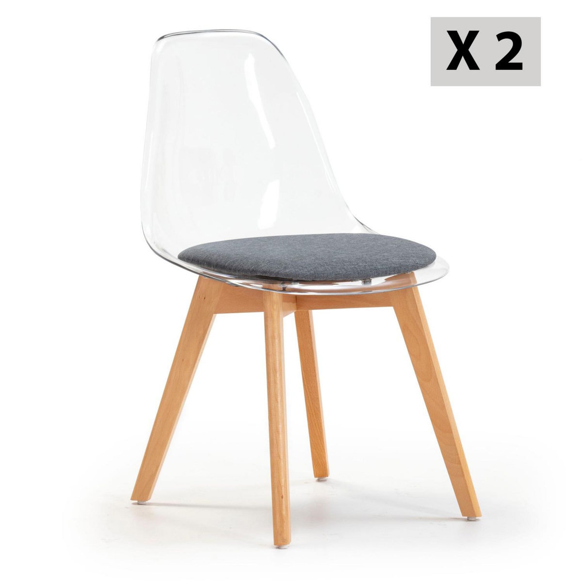 VS VENTA-STOCK Pack 2 chaises Salle à Manger Transparentes Bruno, Coussin, 54 cm x 49 cm x 84 cm