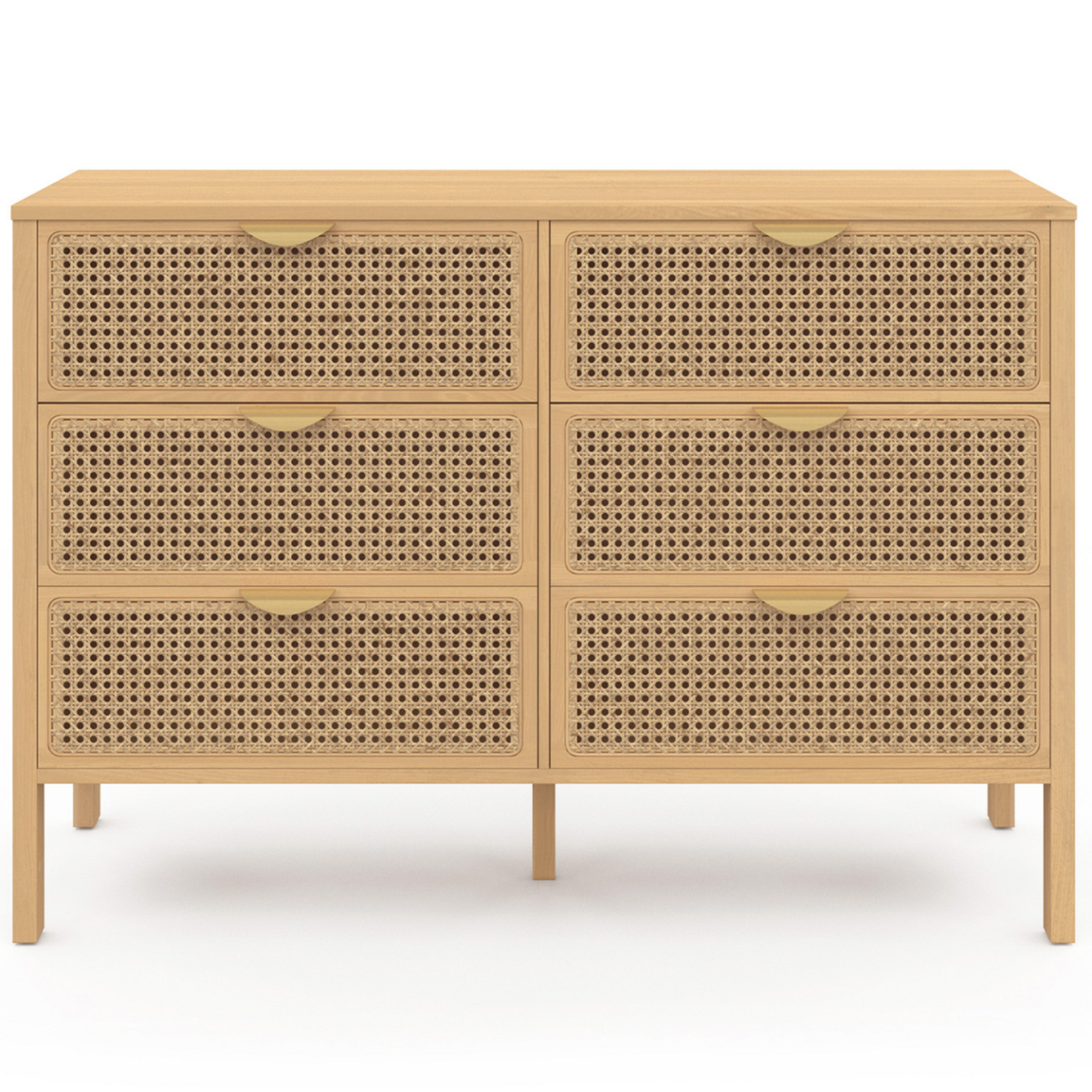 ID MARKET Commode 6 tiroirs EDHEN 115 cm bois et cannage