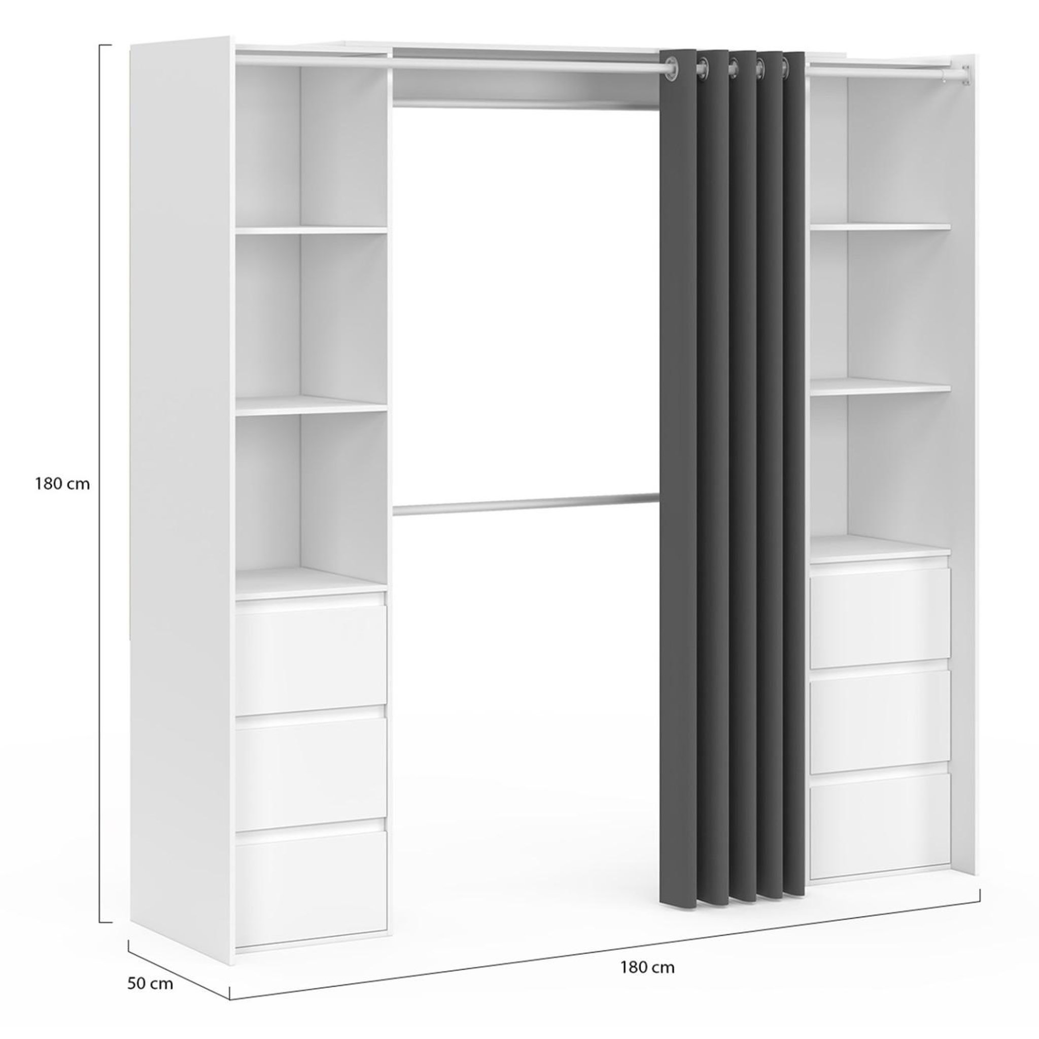 Voir la diapositive 4 : ID MARKET Dressing extensible double meryl 120/180 cm blanc avec 6 tiroirs + étagères + double penderie + rideau gris