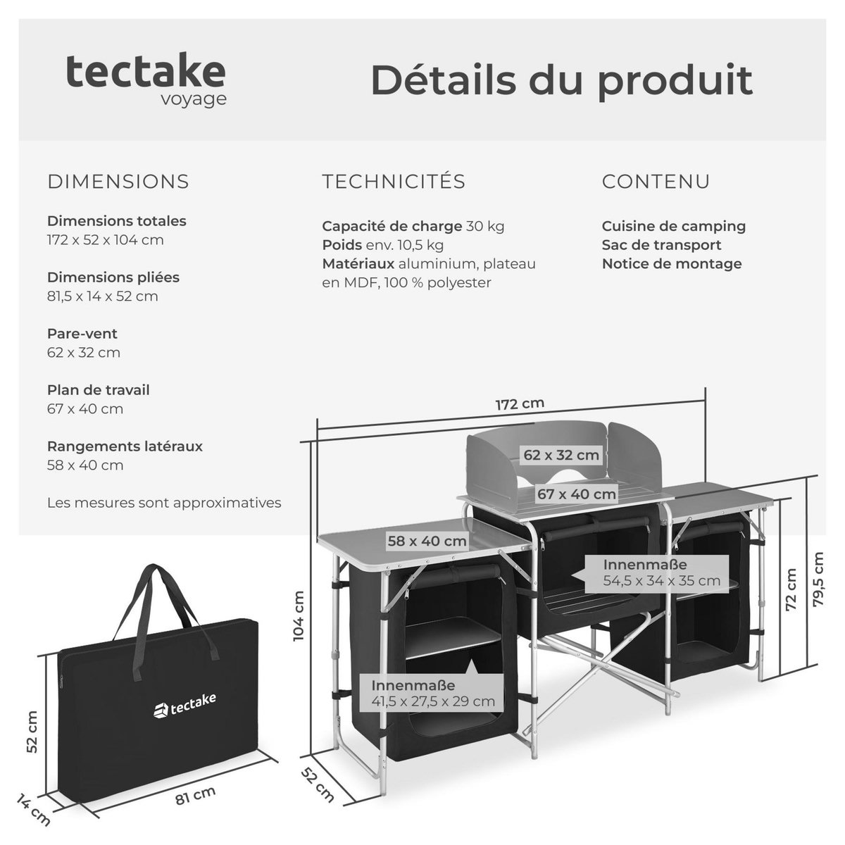 tectake Cuisine de camping xxl avec 5 compartiments pliable noir
