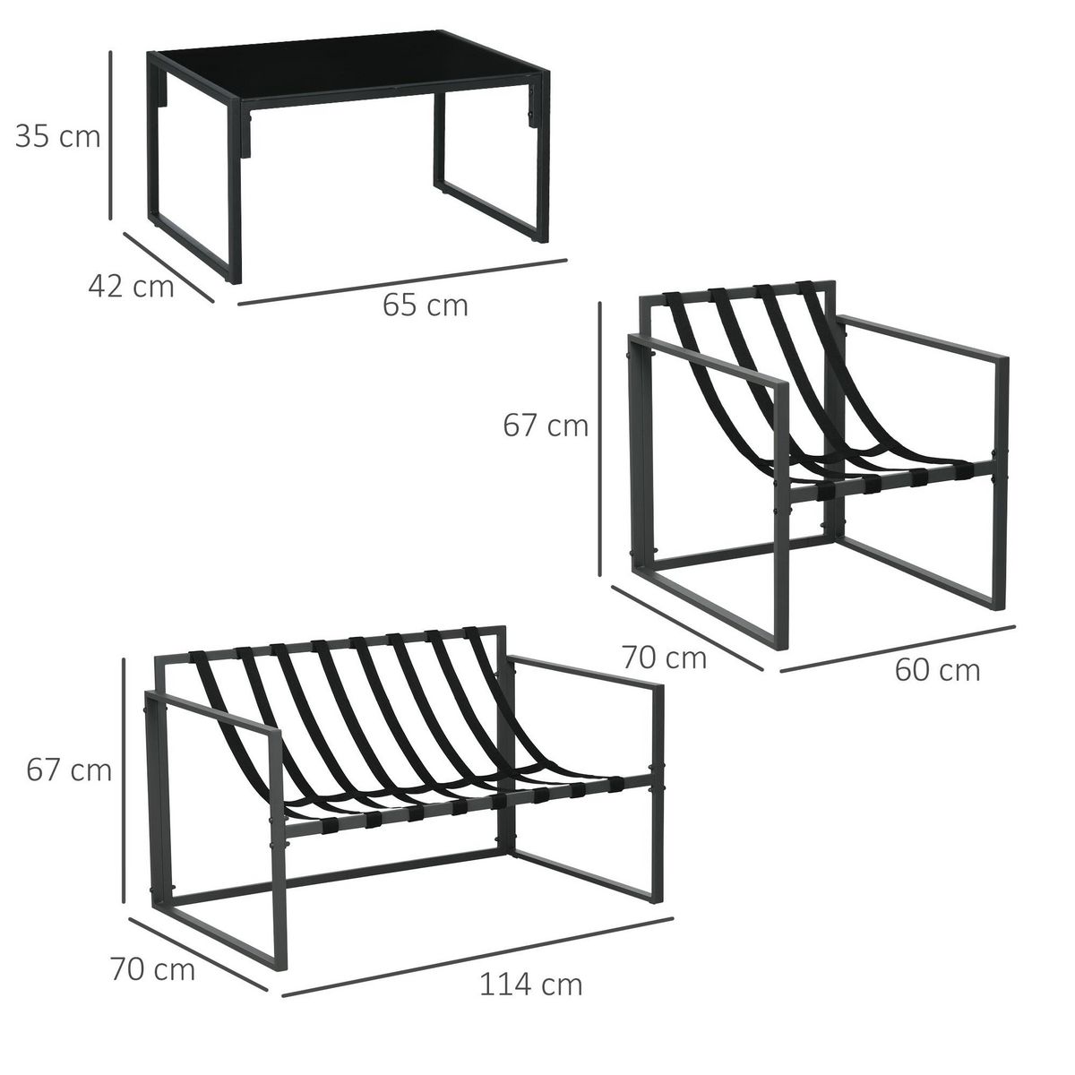 OUTSUNNY Salon de jardin 4 personnes - 4 pièces, 3 coussins - acier époxy noir polyester beige