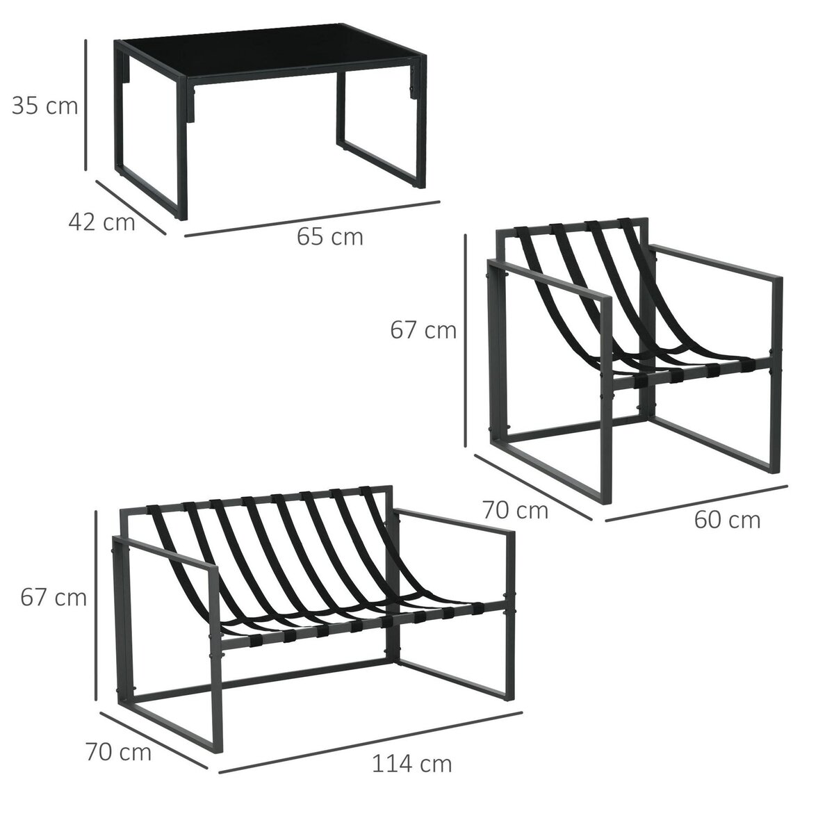 OUTSUNNY Salon de jardin 4 personnes - 4 pièces, 3 coussins - acier époxy noir polyester beige