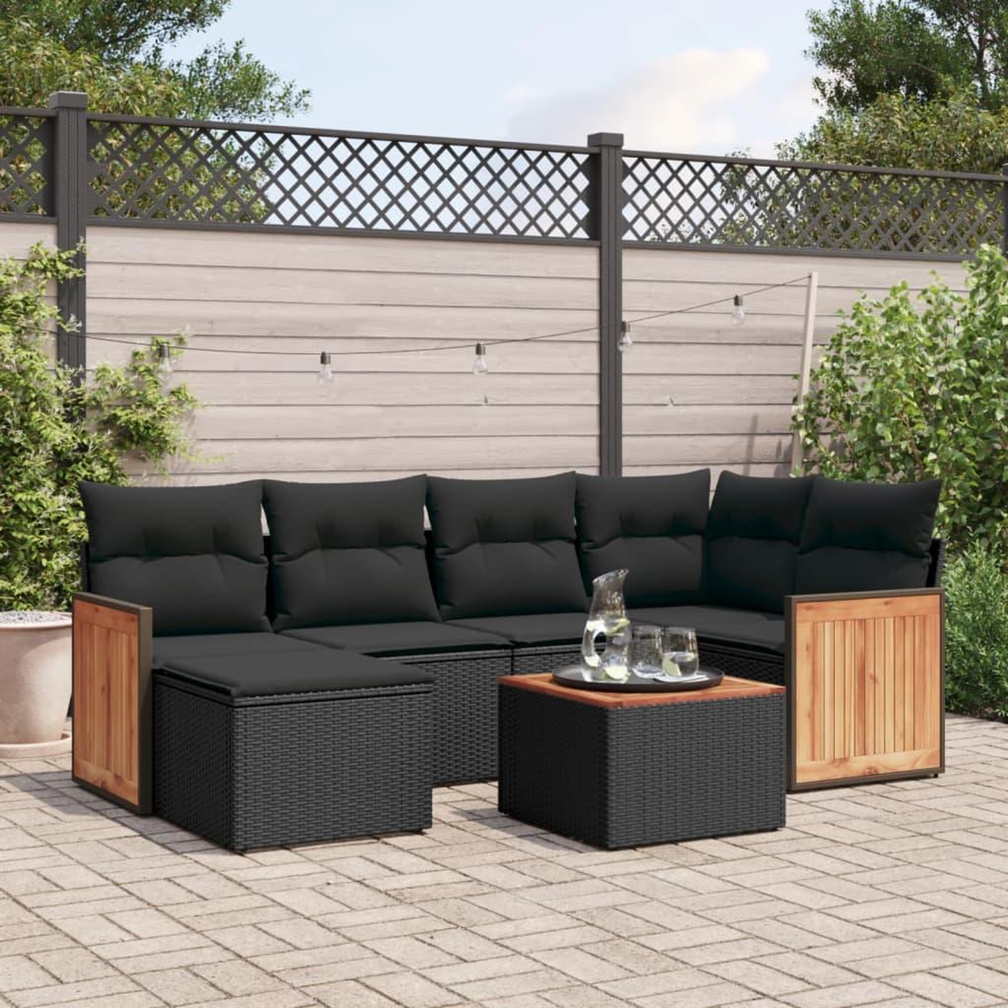 VIDAXL Salon de jardin 7 pcs avec coussins noir resine tressee