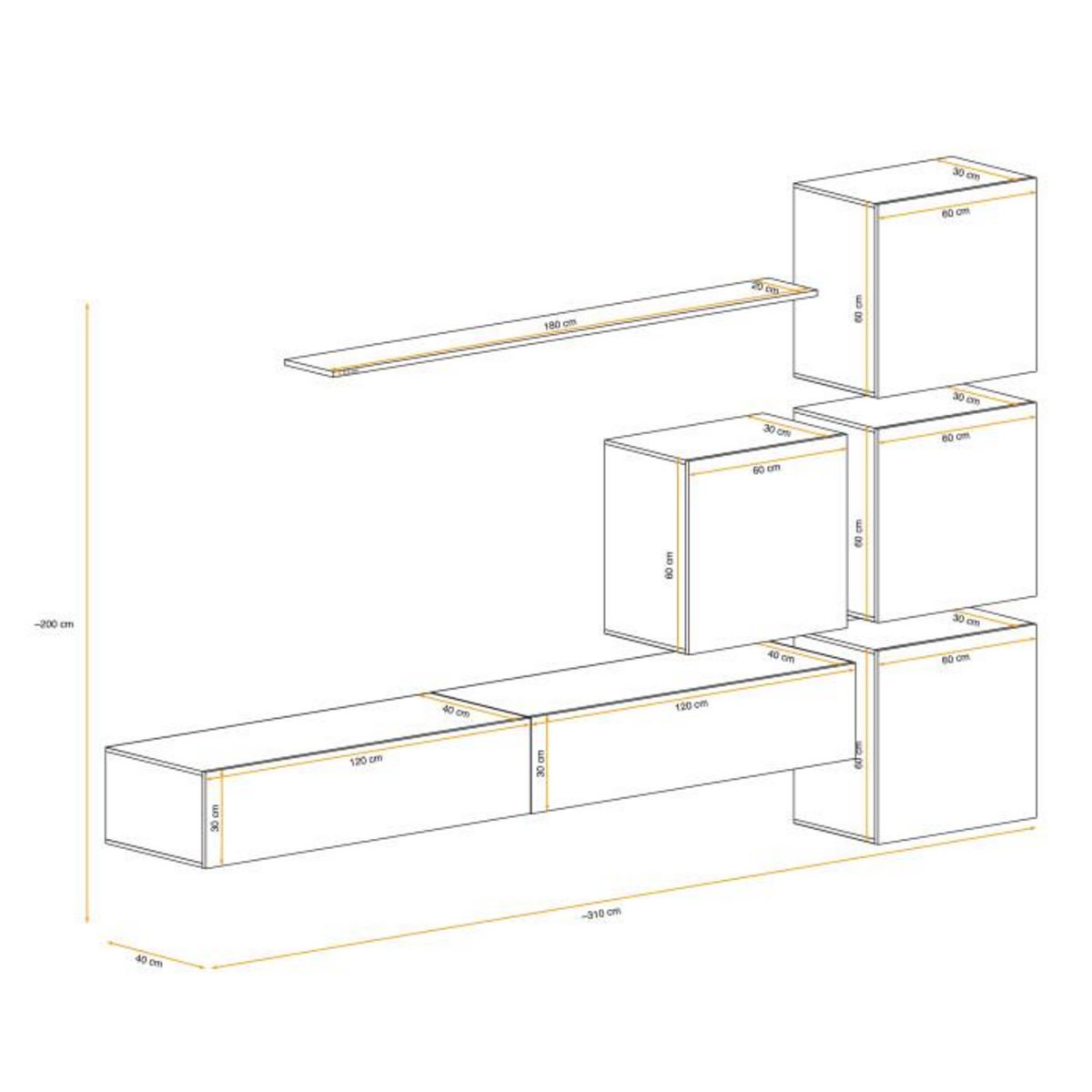 Paris Prix Meuble TV Mural Design  Switch IX  310cm Naturel & Blanc