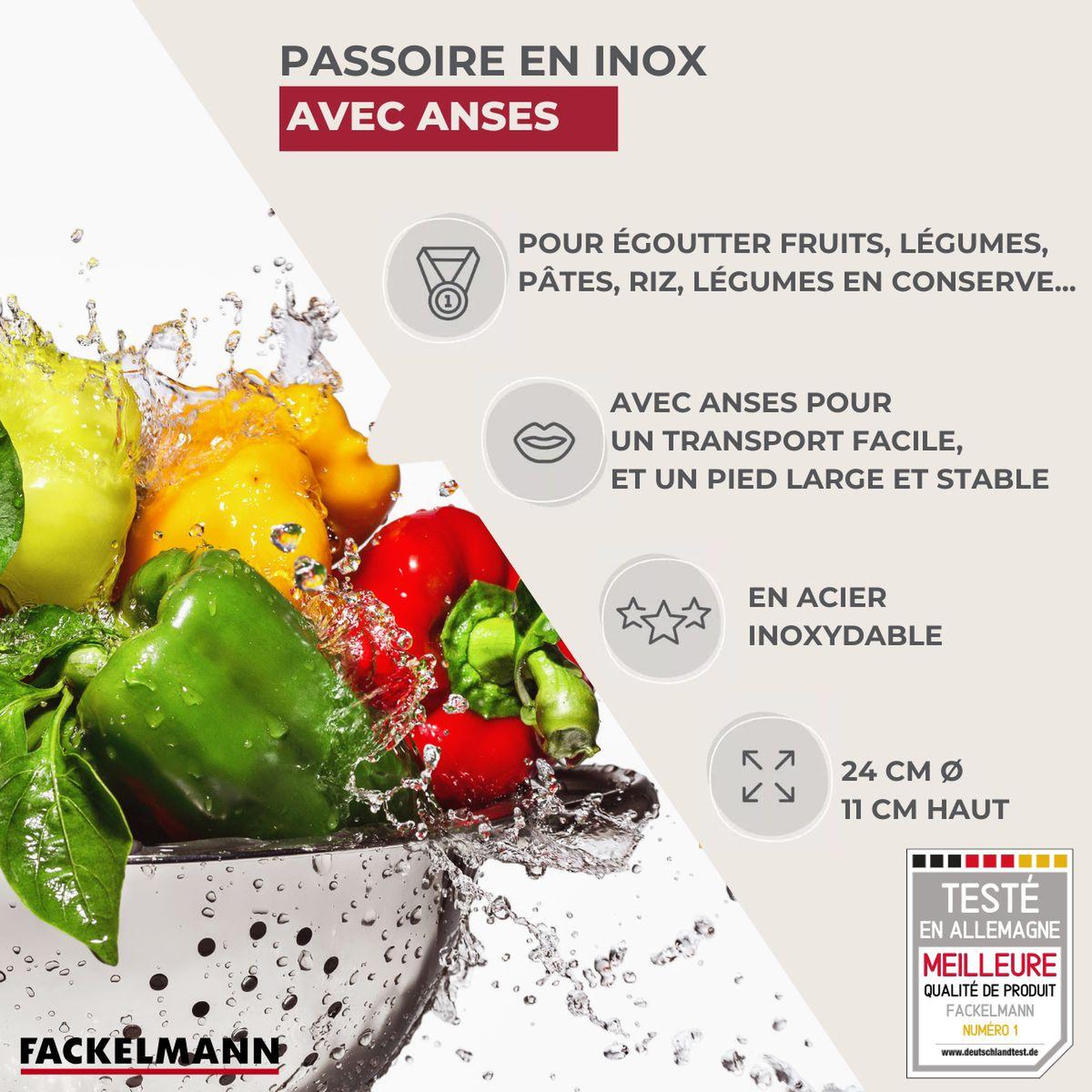 Voir la diapositive 3 : Fackelmann Ensemble de 2 passoires inox 24 cm avec anses fackelmann