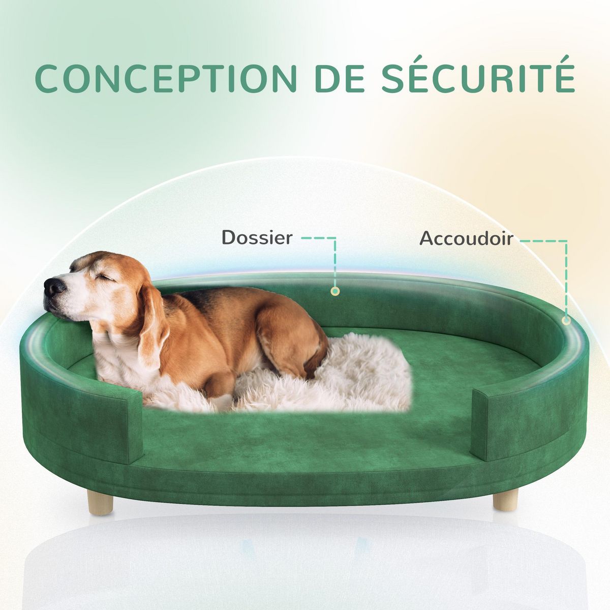 PAWHUT Canapé chien style nordique grande taille dim. 100L x 70l x 25H cm  - coussin amovible - piètement bois velours vert