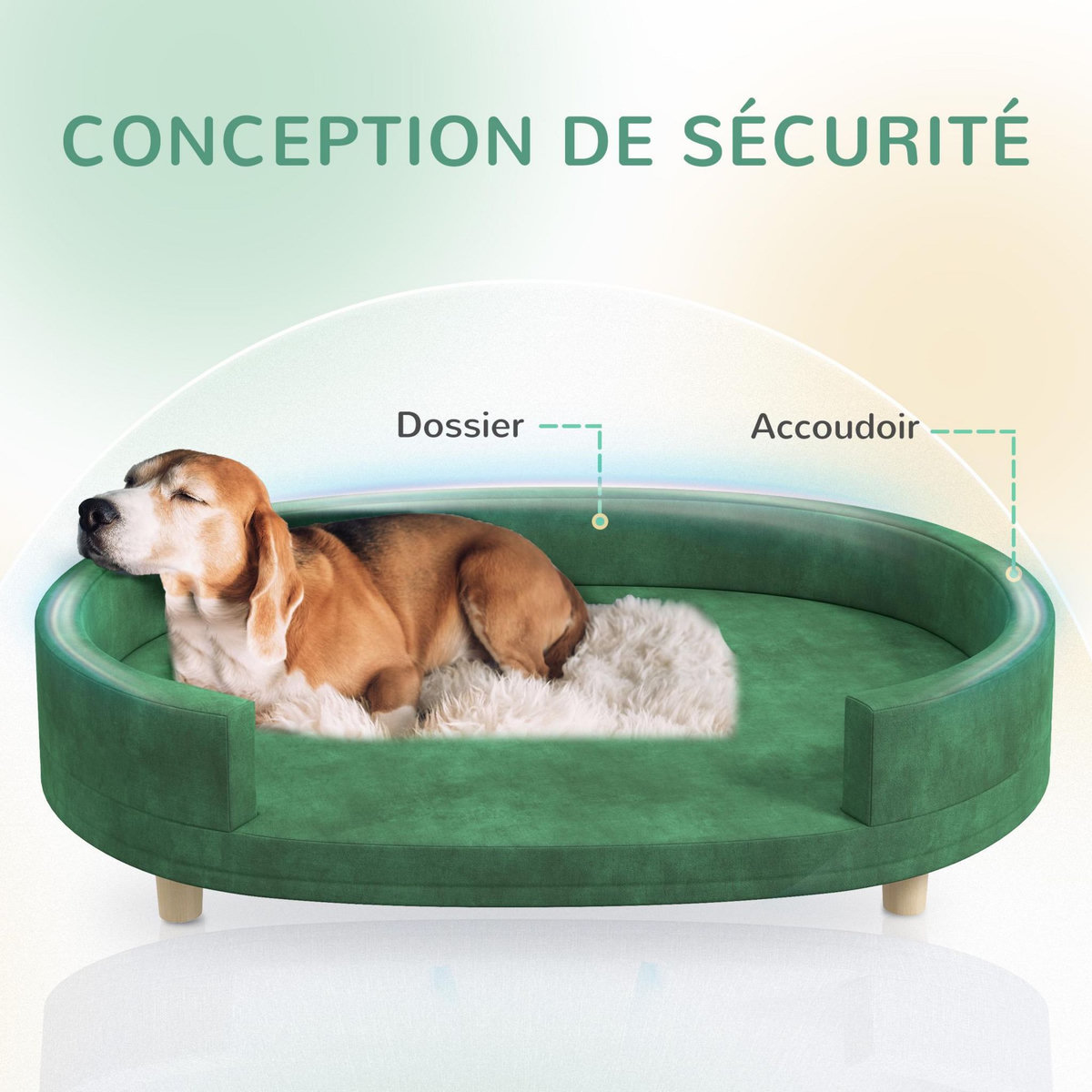 PAWHUT Canapé chien style nordique grande taille dim. 100L x 70l x 25H cm  - coussin amovible - piètement bois velours vert