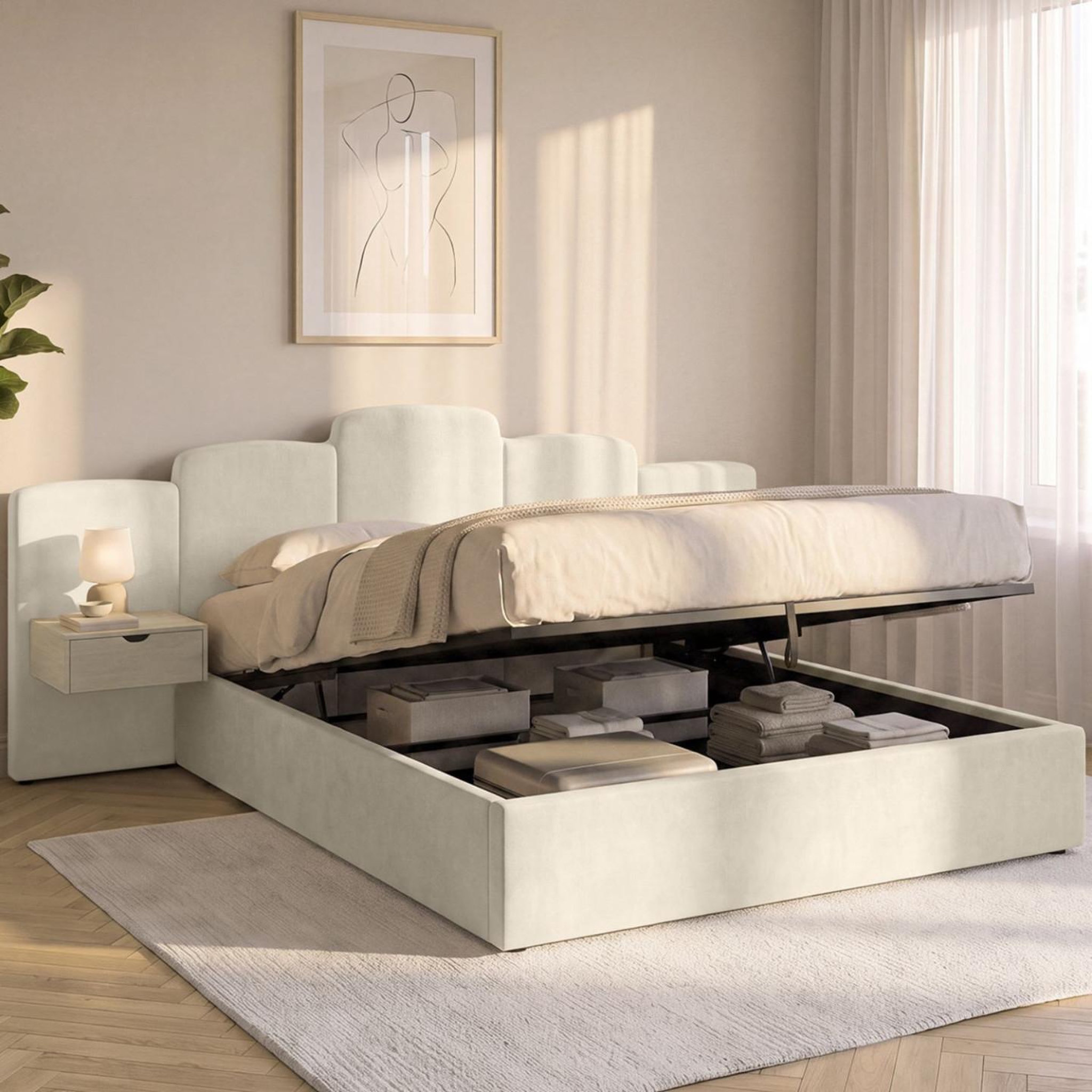 Voir la diapositive 2 : ID MARKET Lit coffre double CLOUD avec tête de lit matelassée + tables de chevet intégrées et sommier 160 x 200 cm velours beige