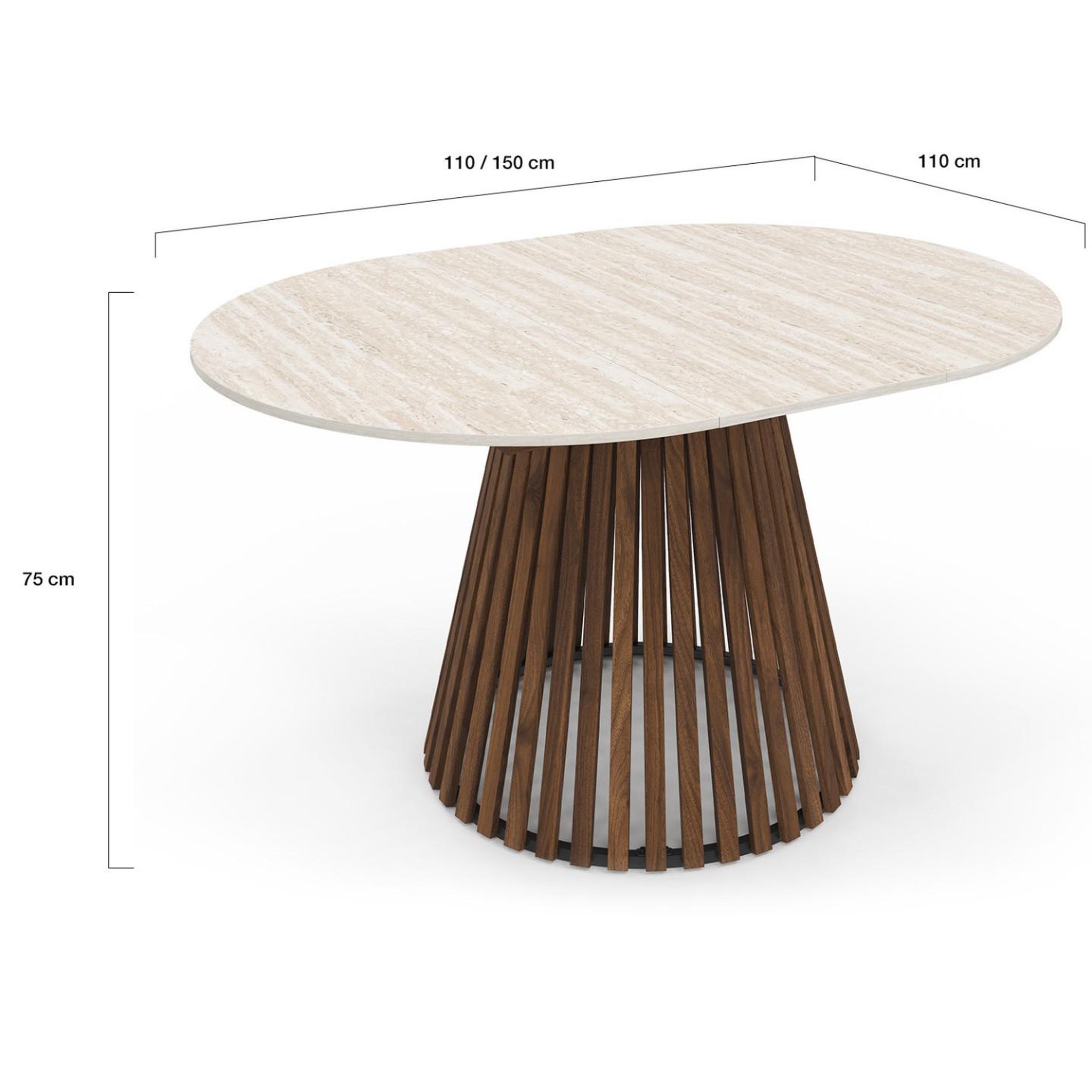 Voir la diapositive 5 : ID MARKET Table à manger extensible ronde carmen 4-8 personnes pied noyer en lattes et plateau effet travertin 110 - 150 cm