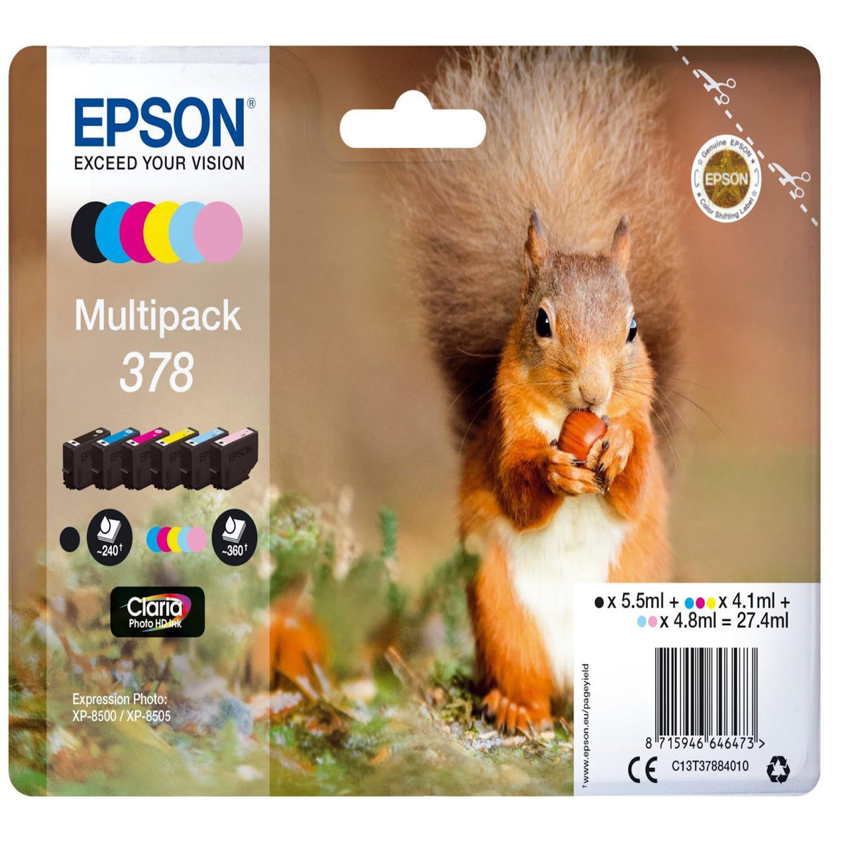 Epson Cartouche d'encre Pack Multipack 6 Originales 378 (Noir + 5 Couleurs) - C13T37884010