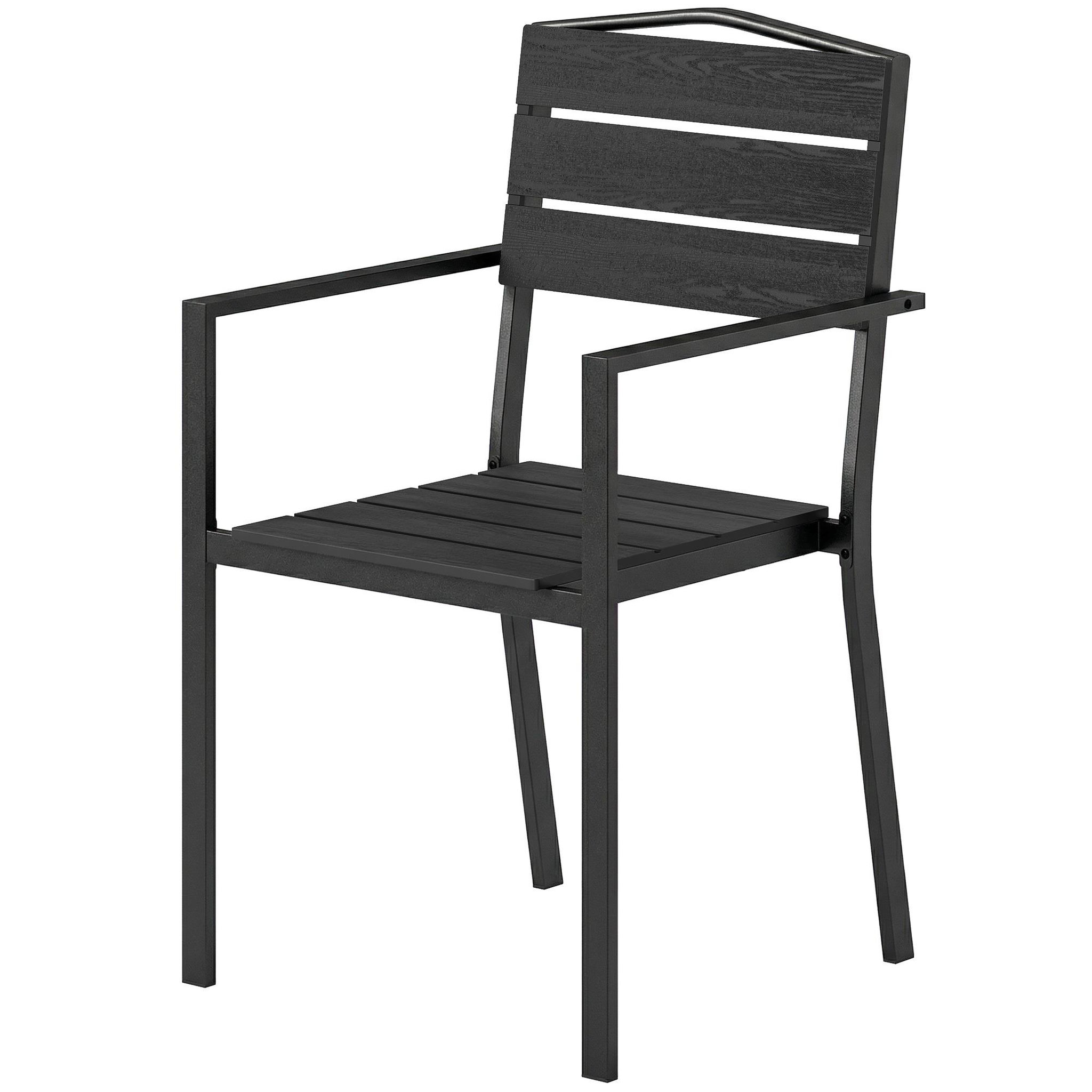 Voir la diapositive 5 : OUTSUNNY Lot de 4 chaises de jardin empilables avec accoudoirs métal époxy HDPE effet bois noir
